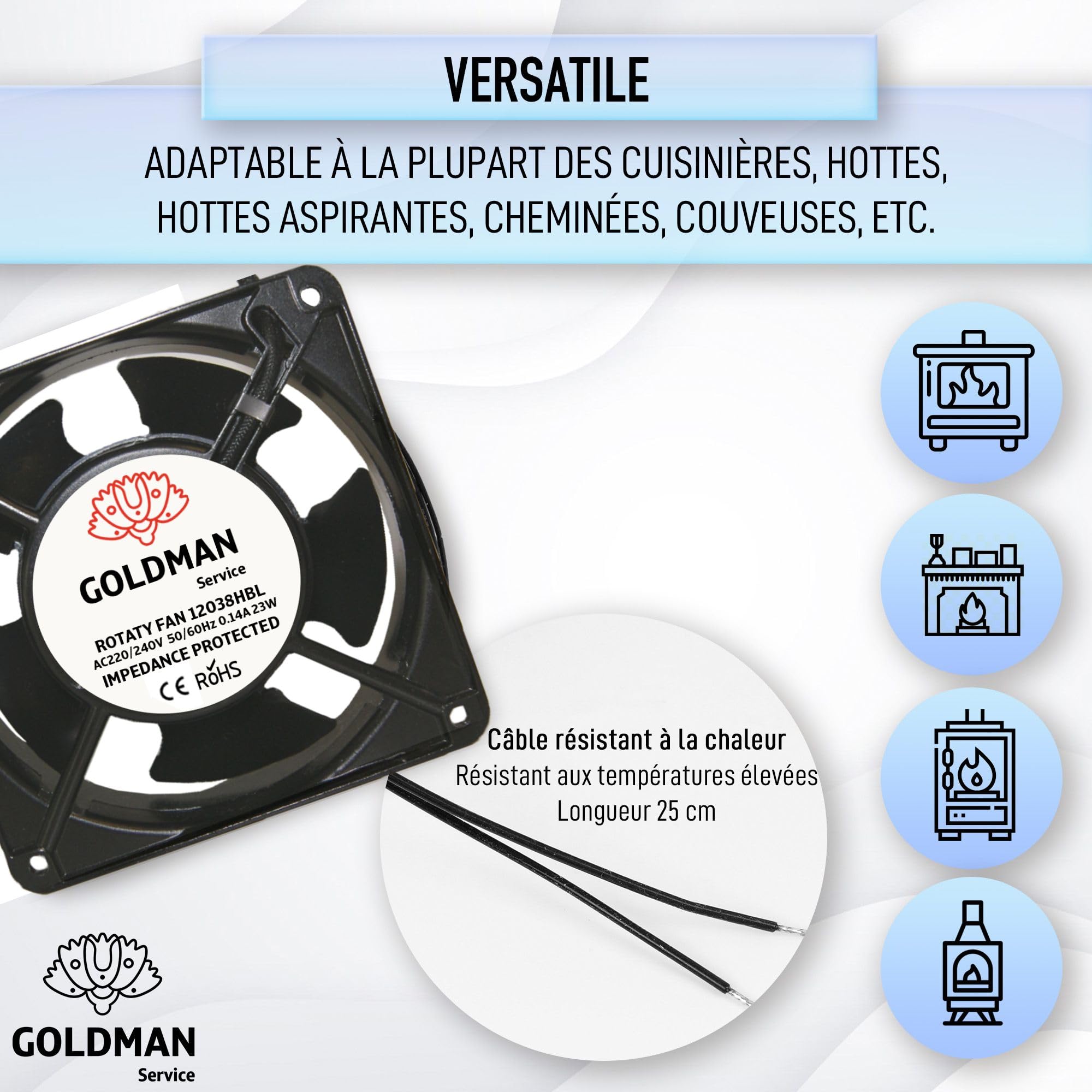 GOLDMAN SERVICE | Ventilateur Axial Haute Température avec Grille et Filtre pour Insert de Cheminée | Silence & Lames Métalliques Puissantes | Dimensions : 120×120×38 mm (23 W)