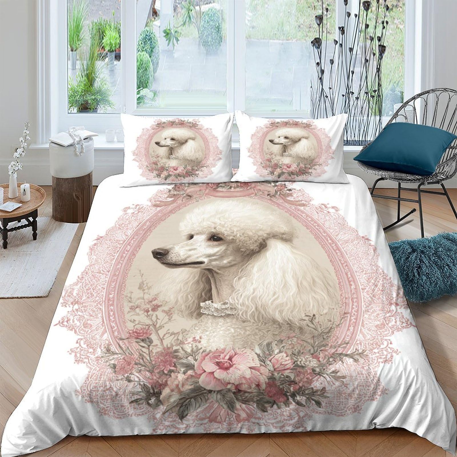 Ctjqhvkz Style-8 3D Printed White Poodle Fitted Sheet Microfiber Pink Floral Bed Cover For Bedroom Guest Room Mattress Decor Single（135X200cm）