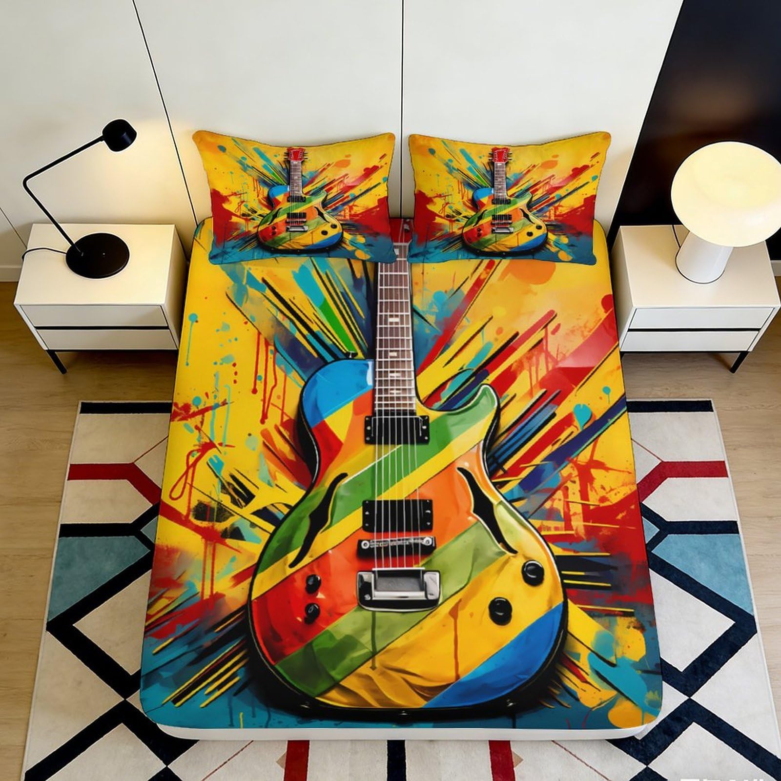 3D Printed Colorful Electric Guitar Fitted Sheet Microfiber Soft Bed Sheet for Bedroom Dorm Mattress Decor 90x200x25cm