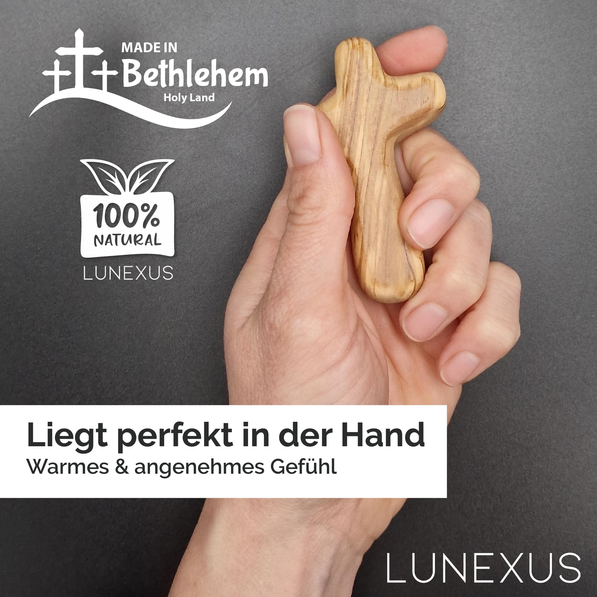 Lunexus Croce di consolazione 10 cm – Croce a mano – Beato & consacrato – Legno d'ulivo in Betlemme – Croce di preghiera per guarigione, conforto, pellegrinaggio, comunione, cresima, battesimo