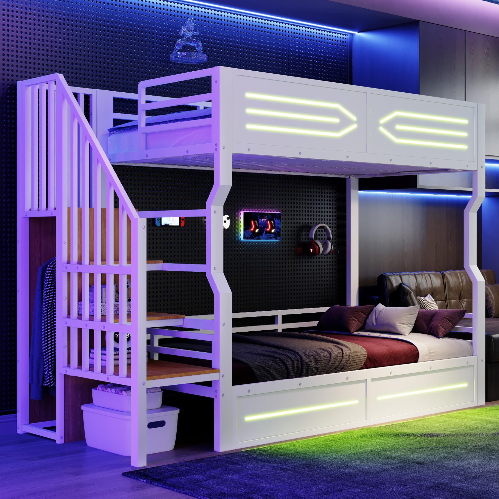 Etagenbett Kinderbett 90x200 cm mit LED und Stauraum, Metallbett Hochbett mit Treppe im Schrankstil und Rausfallschutz, Jugendbett Stockbett Bettgestell mit Lattenrost, Weiß, Ohne Matratze