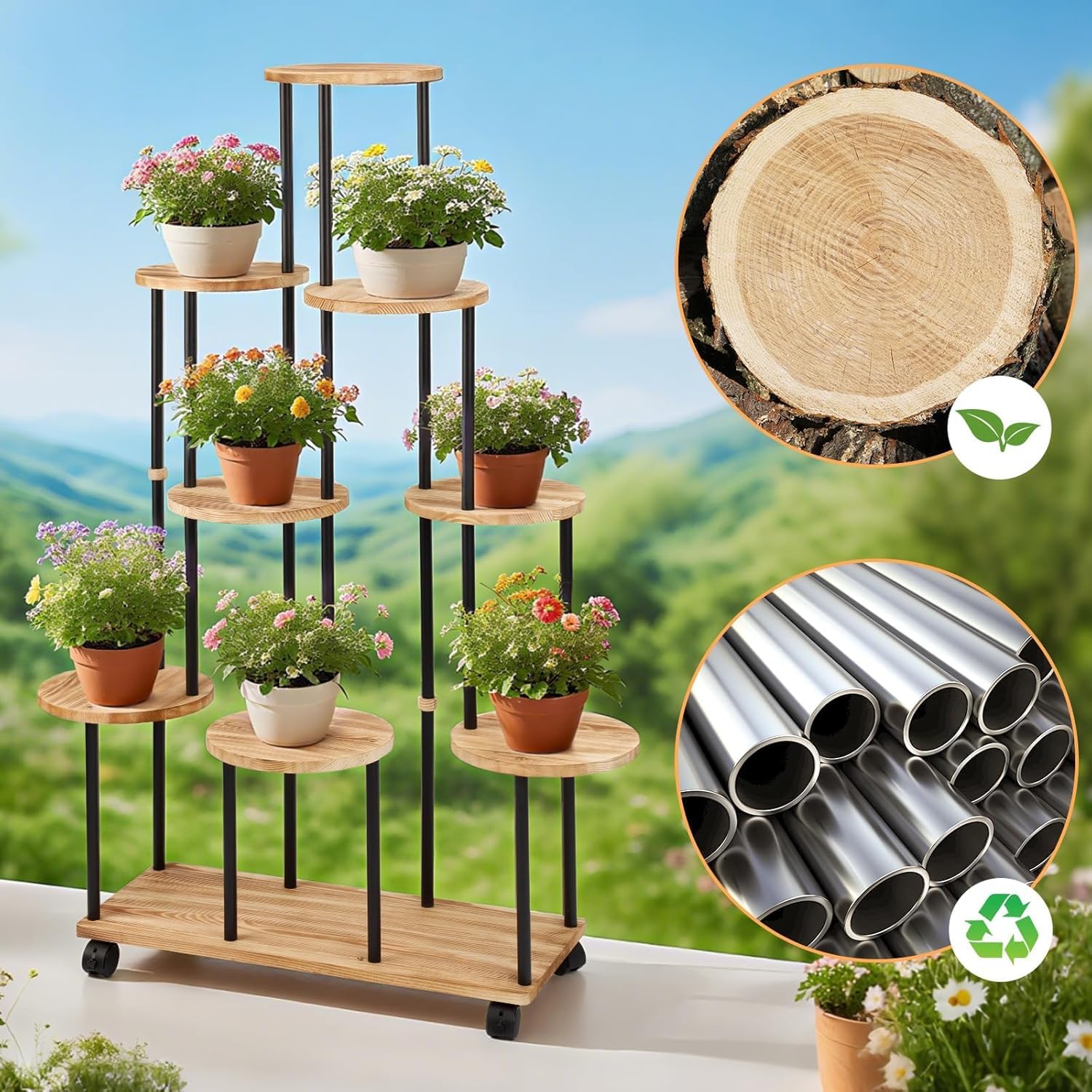 Blumenständer mit Rollen 9 Etagen Pflanzenregal Holz Pflanzentreppe Hoch Blumentreppen Metall Blumentreppe Indoor Blumenregal Innenbereich für Balkon Wohnzimmer Terrassen Wohnung