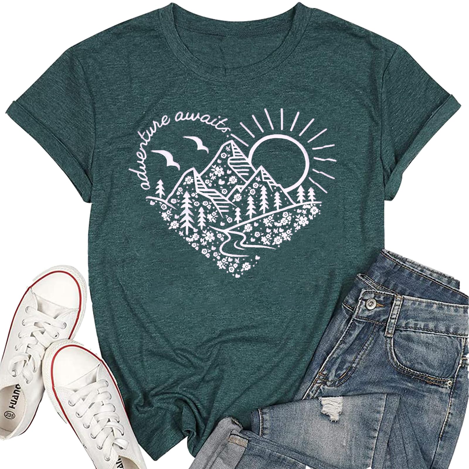 RDOCPTCILAdventure Awaits T-Shirt Women Outdoor Graphic Tee Shirt Nature Hiking Camping Tee Shirts Travel Shirt