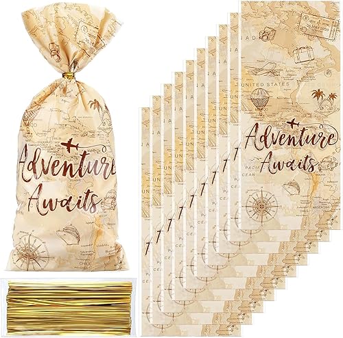 Frienda 100 bolsas de celofán con temática de aventura, decoración de fiesta de aventura, bolsas de regalo con temática de viaje, mapa del mundo,