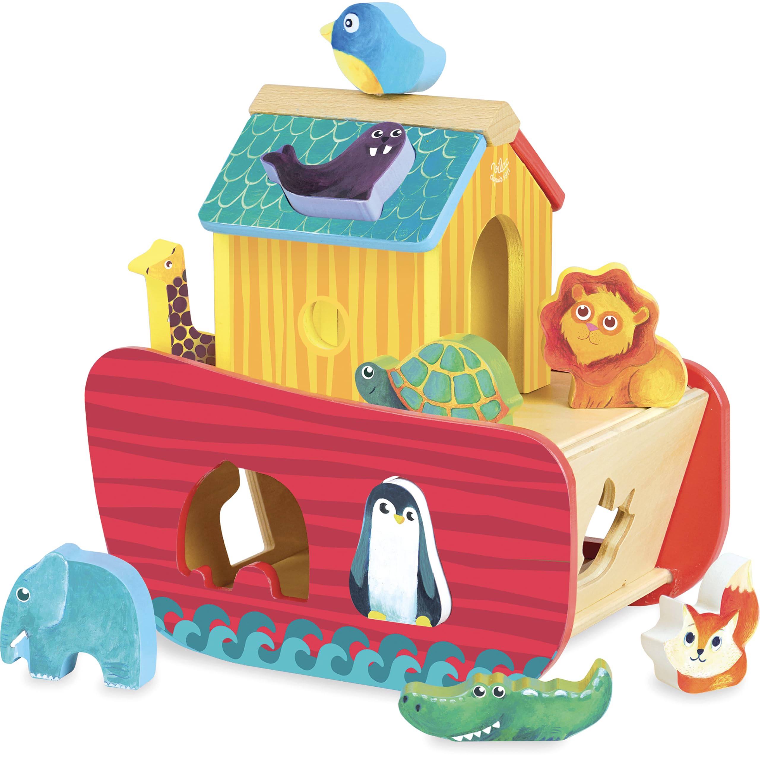 Vilac Wooden Animals Ark Shape Sorter, Educational Animal Themed Shape Sorter for Kids, 21 x 21 x 15 cm, for 2 Years+
