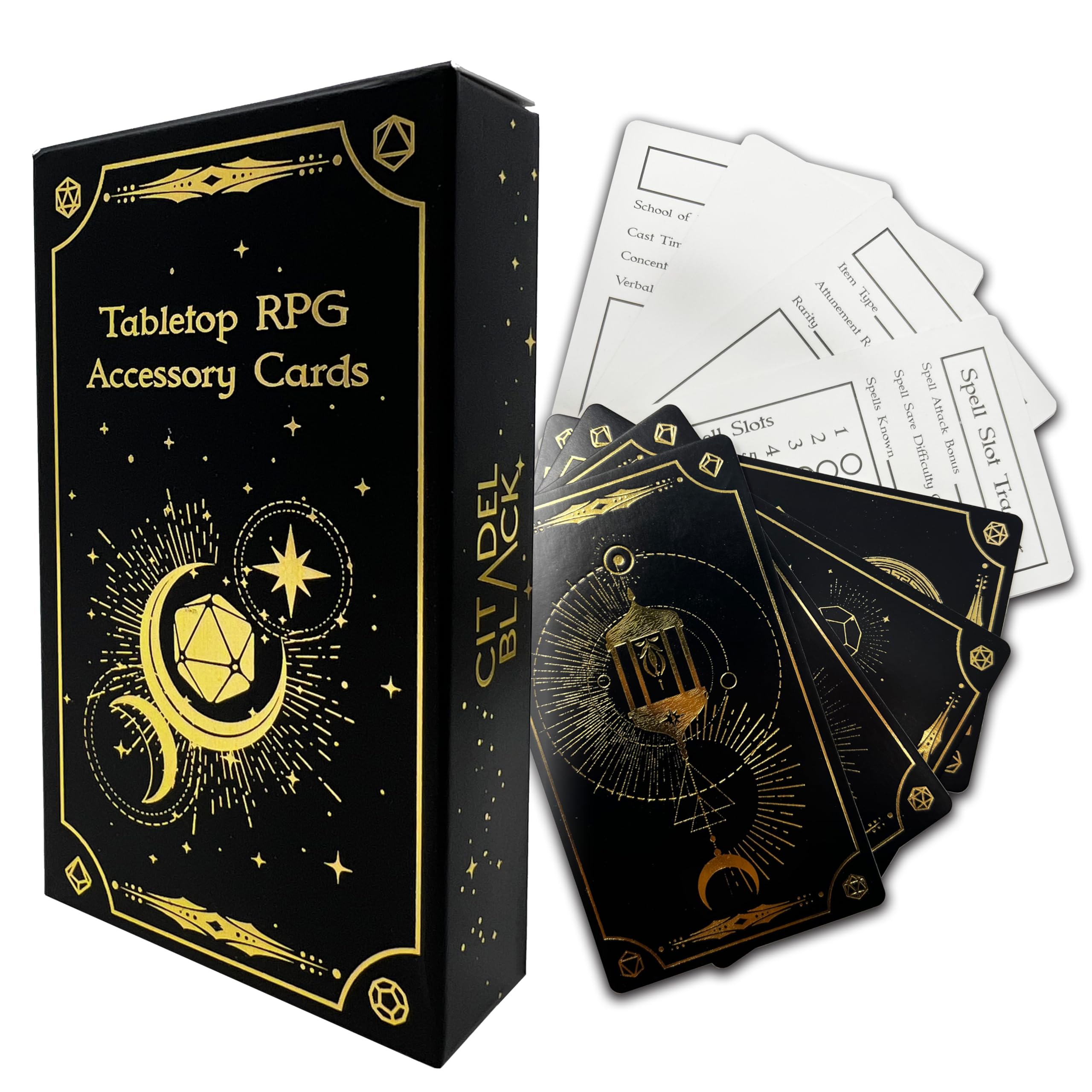 Tabletop RPG Accessory Card Set of 50 Cards – D&D, Gold Foil - Spell Slot Tracker, Item, Spell, Blank Note Cards, for Dungeons and Dragons 5th Edition & Other Tabletop Games