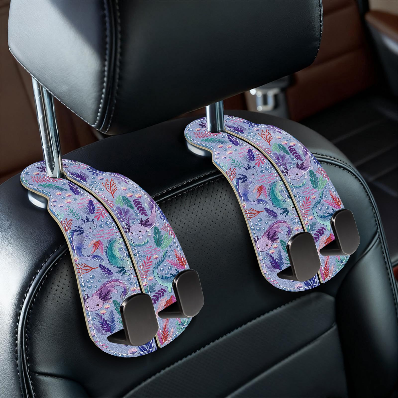 Blusabaca 2PCS Car Seat Back Storage Headrest Hooks, Cute Axolotl Purse Holder Bags Hanger, PU Leather Double Metal Hook for Backseat Organizer, Women