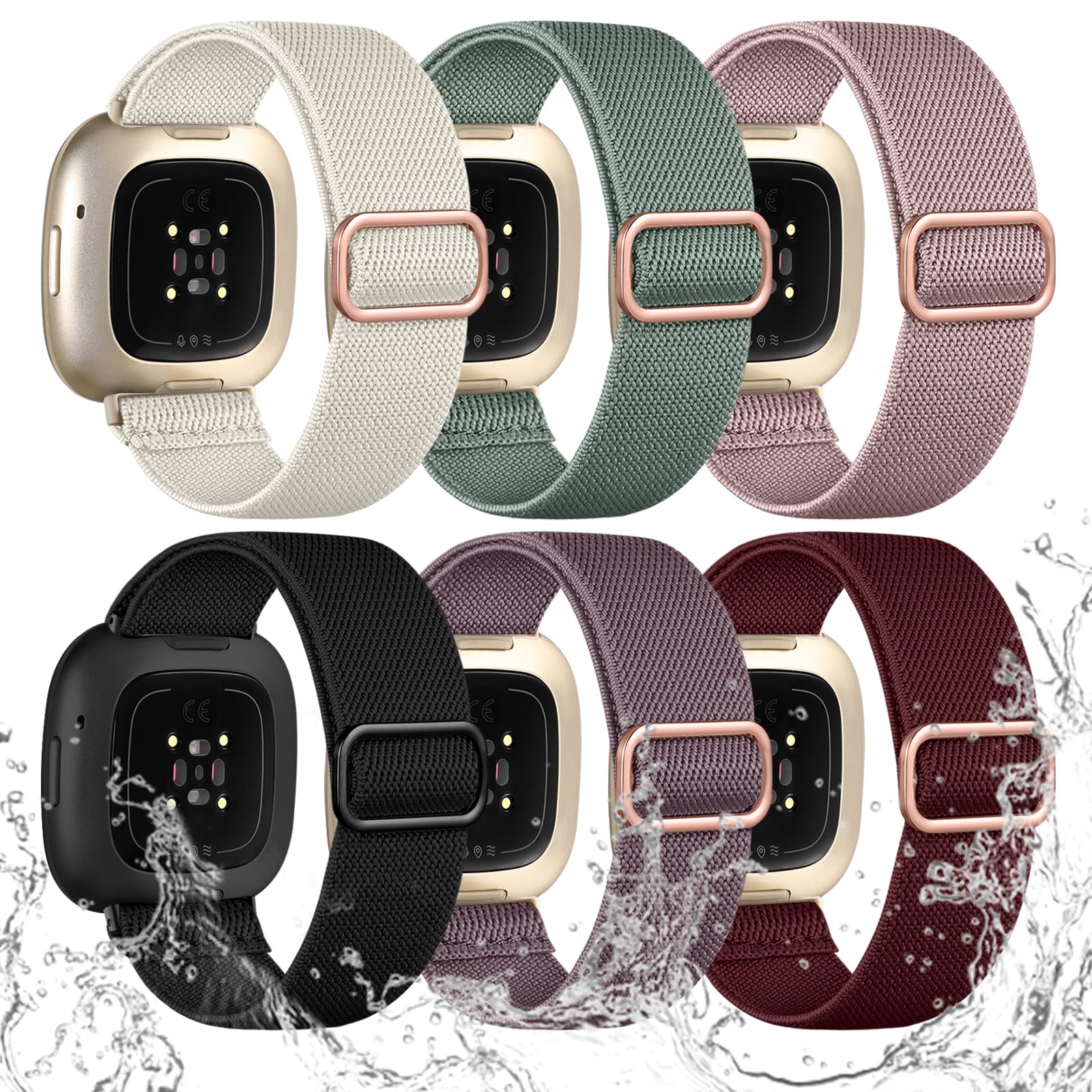 Ouwegaga Compatible with Fitbit Sense 2 Bands/Sense/Versa 3/Versa 4 Bands for Women Men, Water-Resistant Solo Loop Elastic Nylon Sport Strap