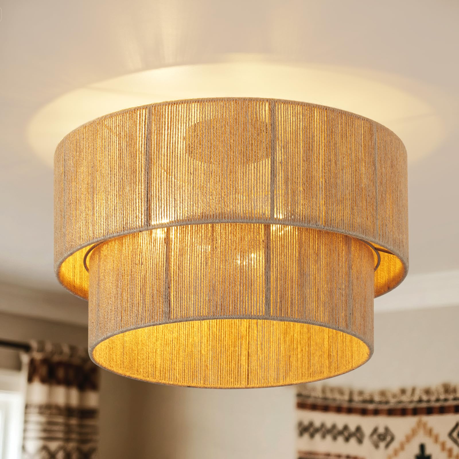 CALOKES Boho Deckenleuchte aus Juteseil Ø45cm – 3-flammige Rattan Deckenlampe mit Korb-Look für Wohnzimmer Schlafzimmer Esszimmer Flur – Deckenlampe E27 (ohne Leuchtmittel)
