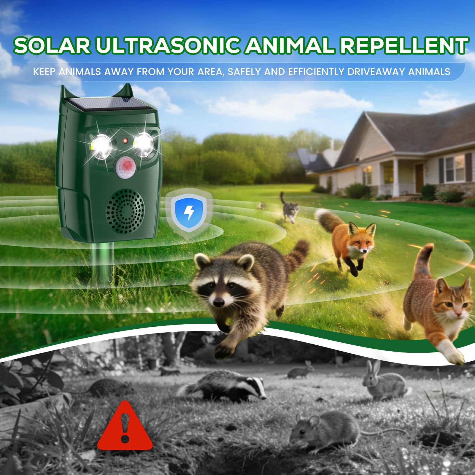 Ultrasonic Animal Repellent Outdoor, Solar Power Cat Rodent Raccoon Repeller, Squirrel Skunk Control Device with Motion Sensor and FIashing Light, Waterproof Rabbt Snake Deterrent for Outdoor - 2