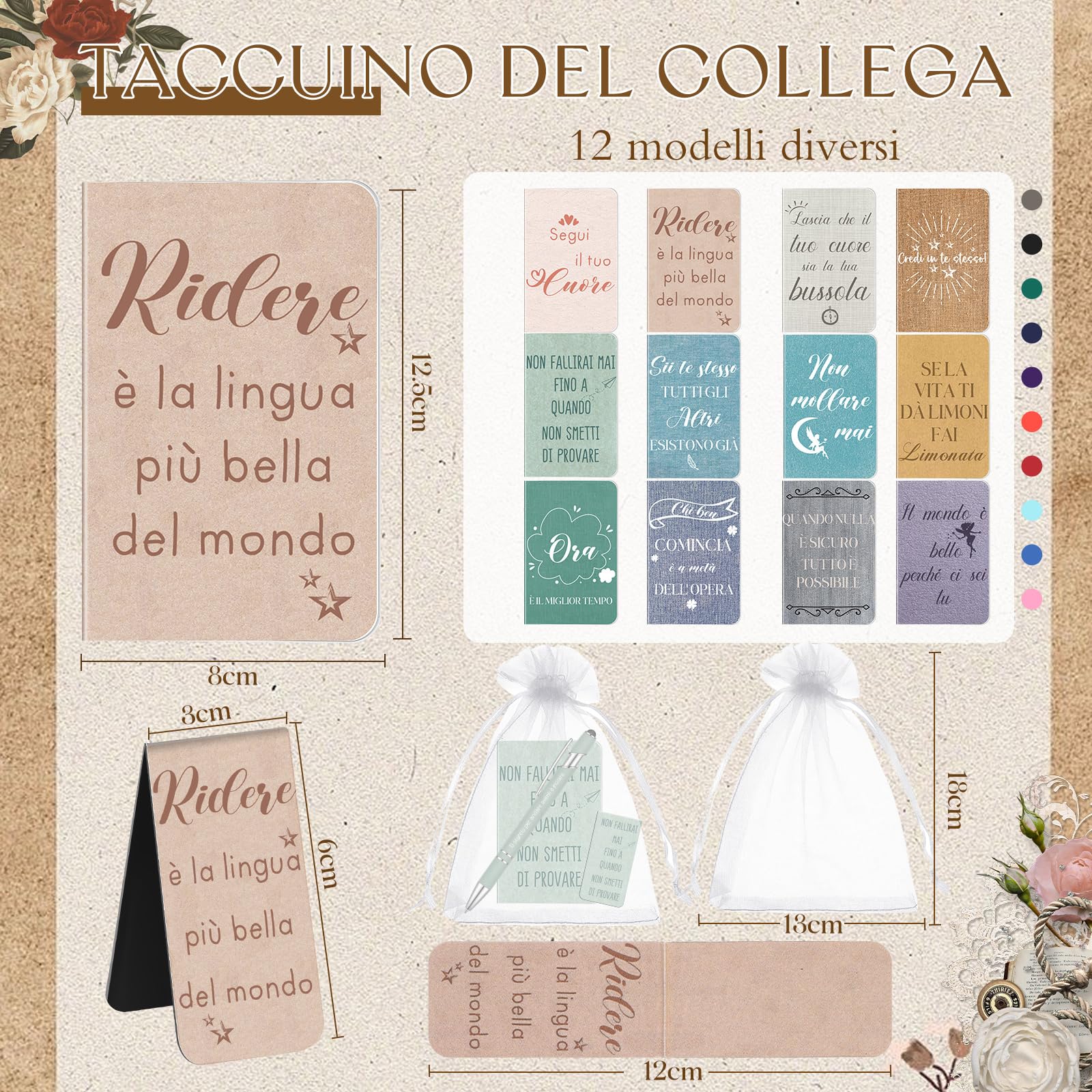 Nezyo 12 Set Regali Motivazionali Includi 12 Taccuini Motivazionali 12 Penne con Frasi in Italiano 12 Segnalibri Magnetic Portafortuna per Alunni Regali di Natale per Colleghi Amici(Colori retrò)