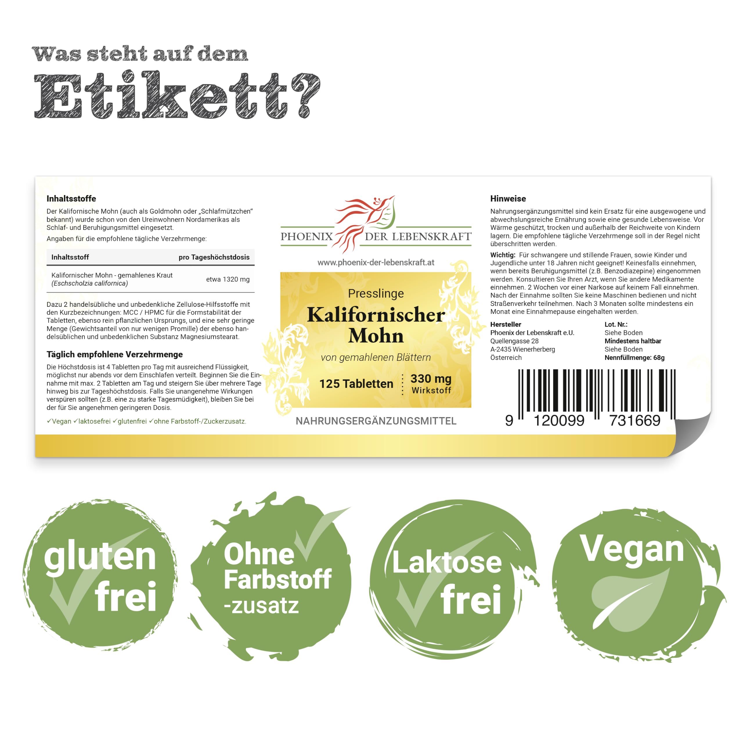 Kalifornischer Mohn Tabletten 330mg | 125 Tabletten Eschscholzia californica | Premium Qualität aus Österreich | Vegane Tabletten statt Kapseln ohne Zusatzstoffe | Schlafmützchen, California Poppy