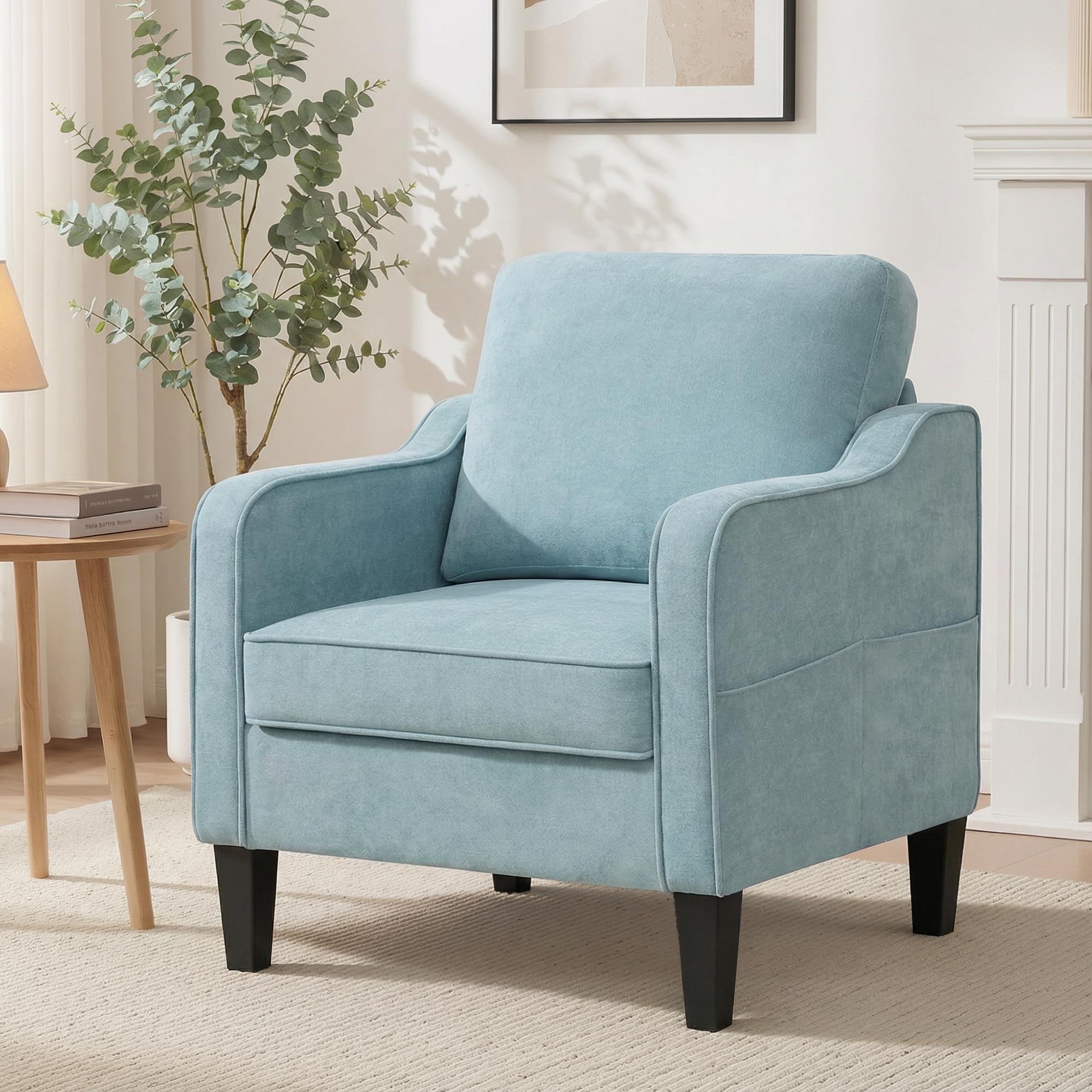 Chenille Accent Chair with Side Pockets, Comfy Armchair for Living Room
