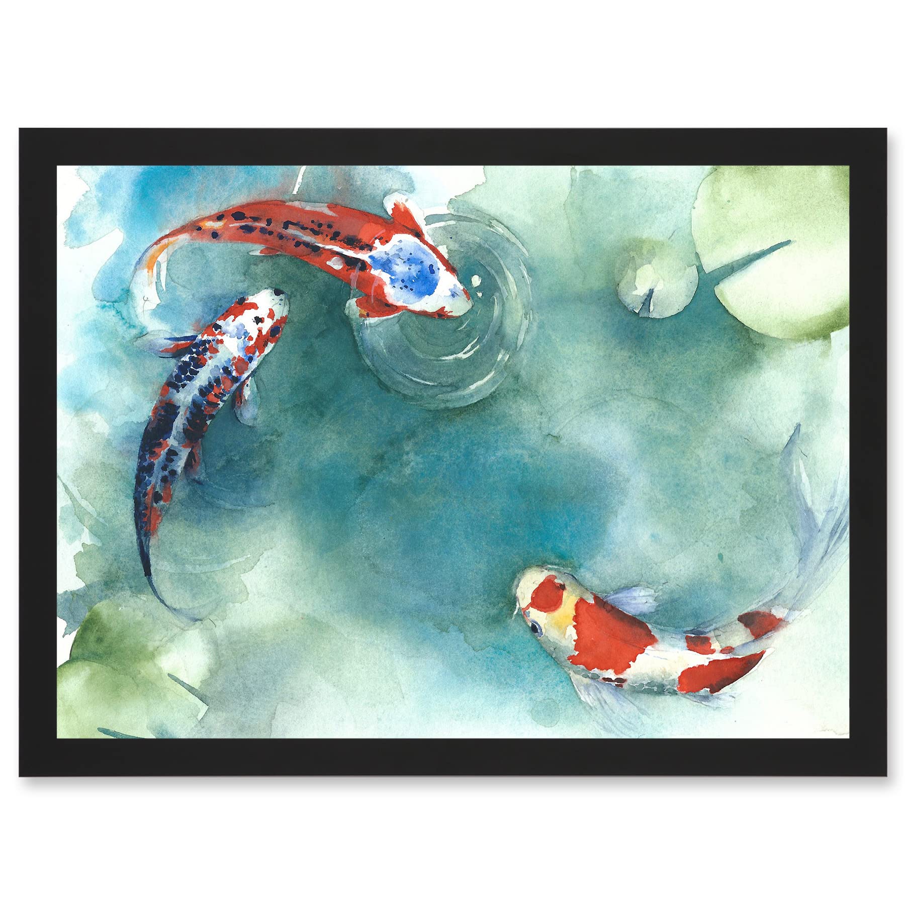 Artery8 Japanese Koi Carp Fish With Lilies A4 Artwork Framed Wall Art Print