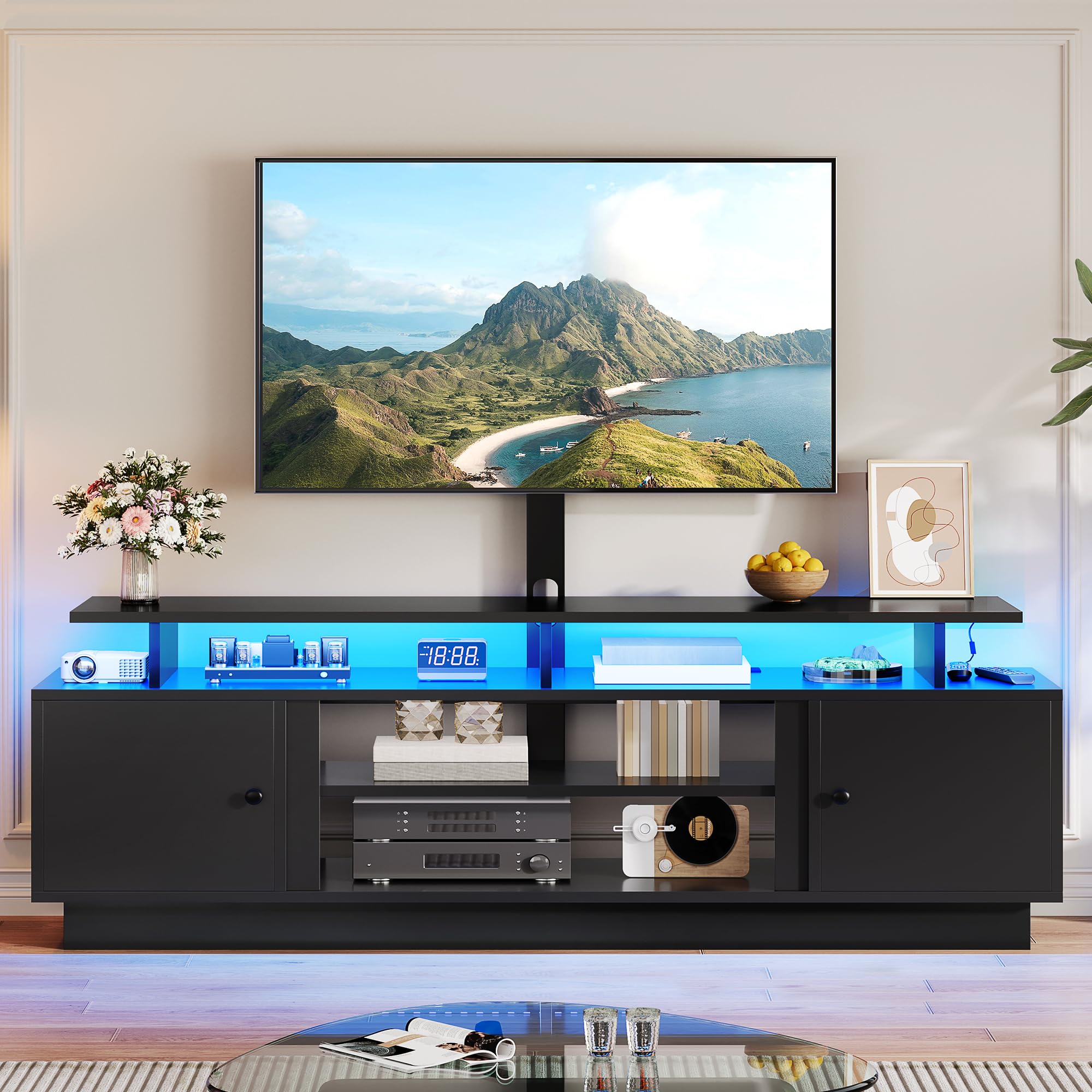 YITAHOME 70" TV Stand with Mount for TVs up to 75/80 Inches, Entertainment Center with Power Outlet & LED Lights, Modern TV Console for Living Room (Black)