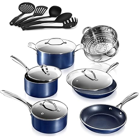 Granite Stone Blue Cookware Sets Nonstick with Granite Stone Blue Granite Coated...