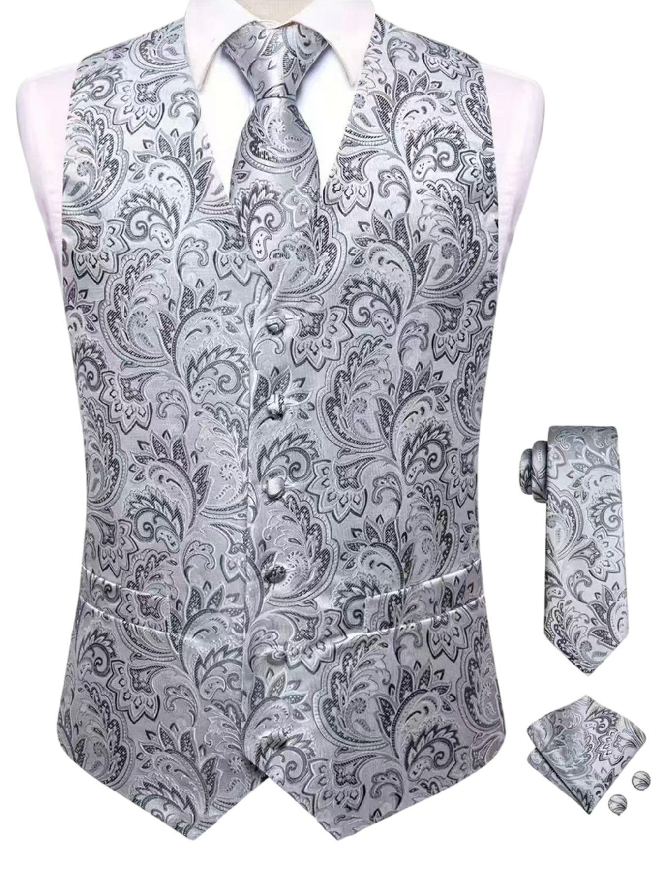 Męska kamizelka garniturowa Paisley żakardowa jednorzędowa slim fit z wiązaniem poszetką na wesela i formalne wydarzenia
