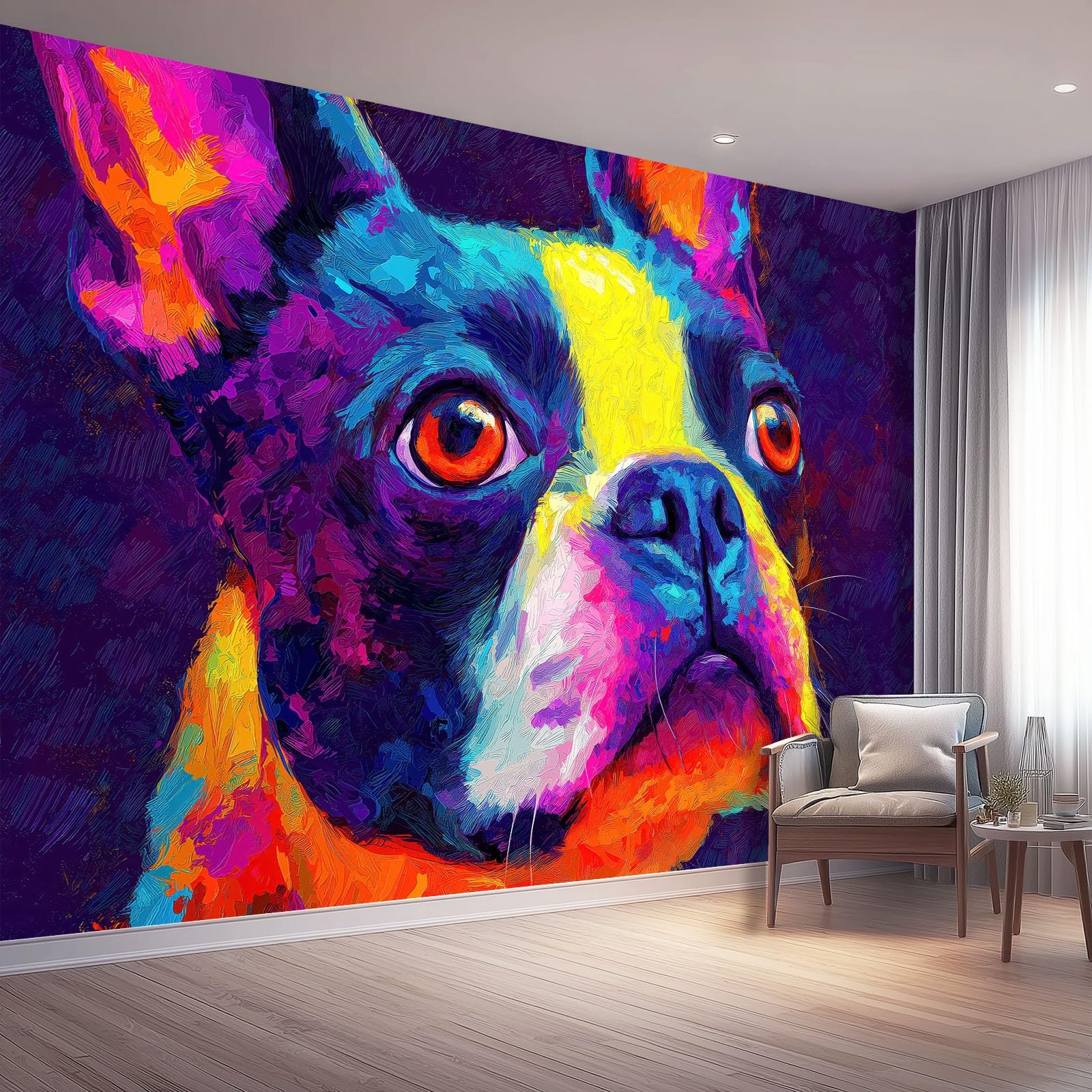 Tapeta z motywem 250 x 175 cm, abstrakcyjny bostoński terrier tapeta z motywem do pokoju dziecięcego i kącika do majsterkowania, kolorowa