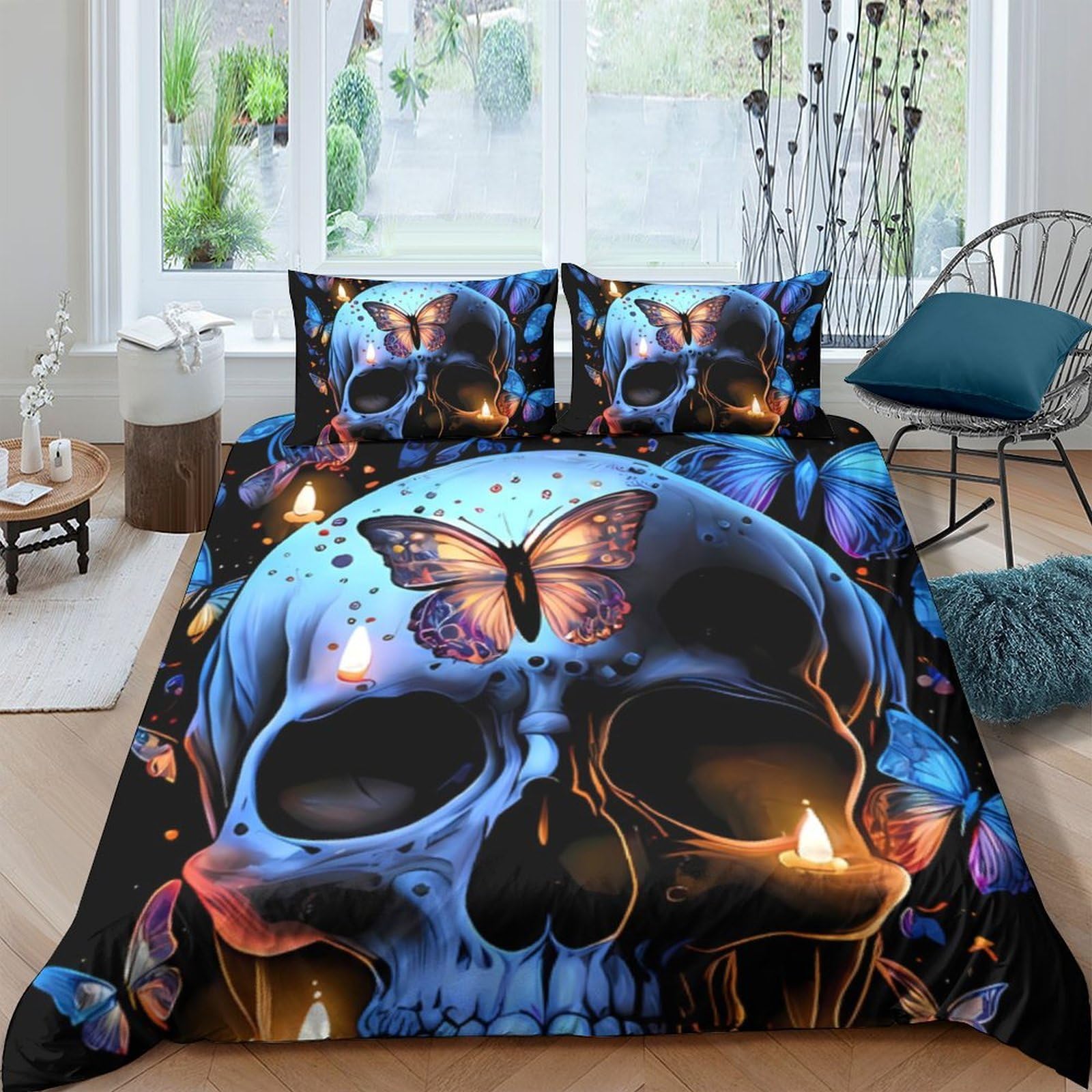 Ctjqhvkz Style-8 3D Printed Skull Butterfly Fitted Sheet Microfiber Artistic Black Blue Bed Sheet For Bedroom Guest Room Decor Single（135X200cm）