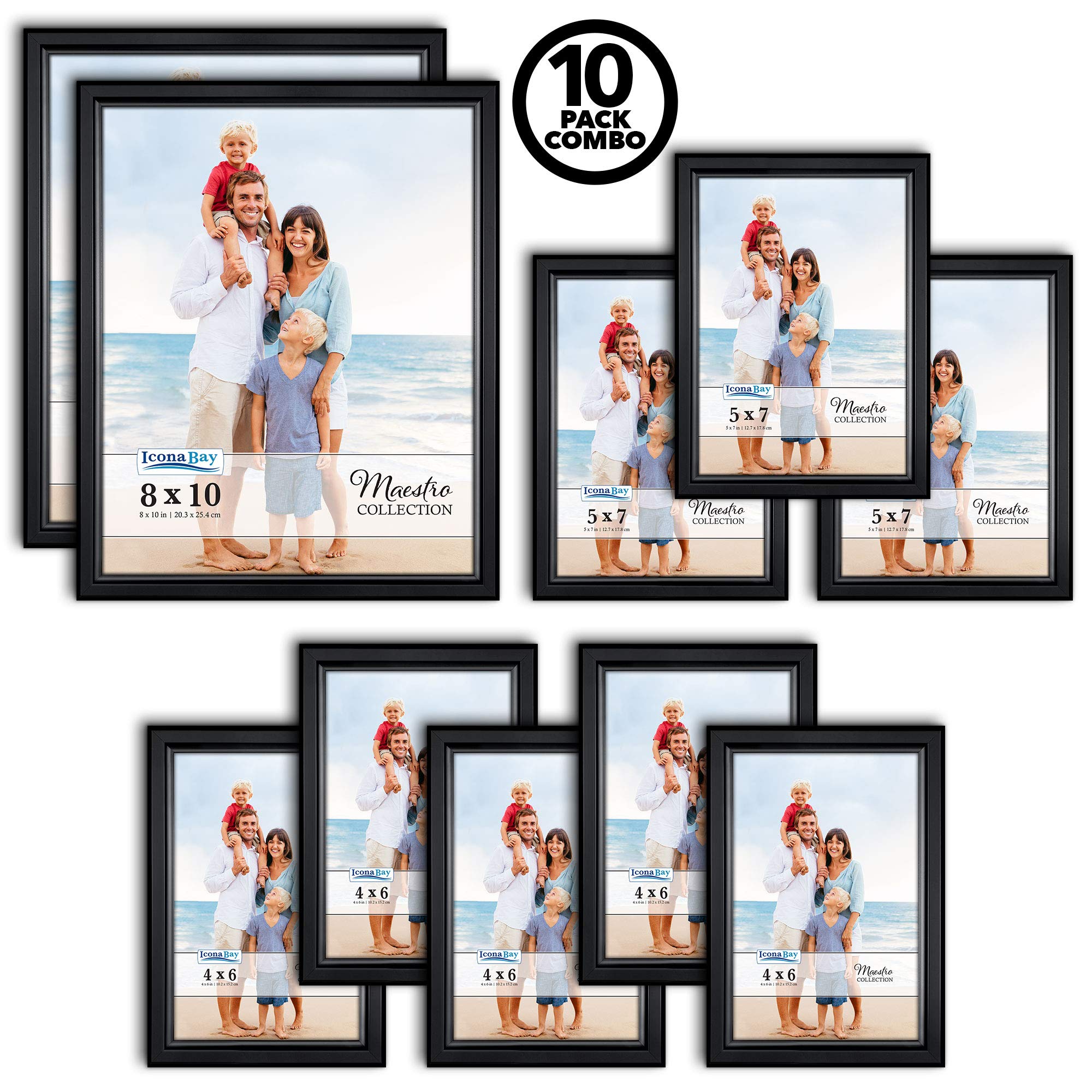 Icona Bay Combination Black Picture Frames Set - 10 PC (Five 4x6, Three 5x7, Two 8x10), Classy Contemporary Style, Maestro Collection for Wall Gallery