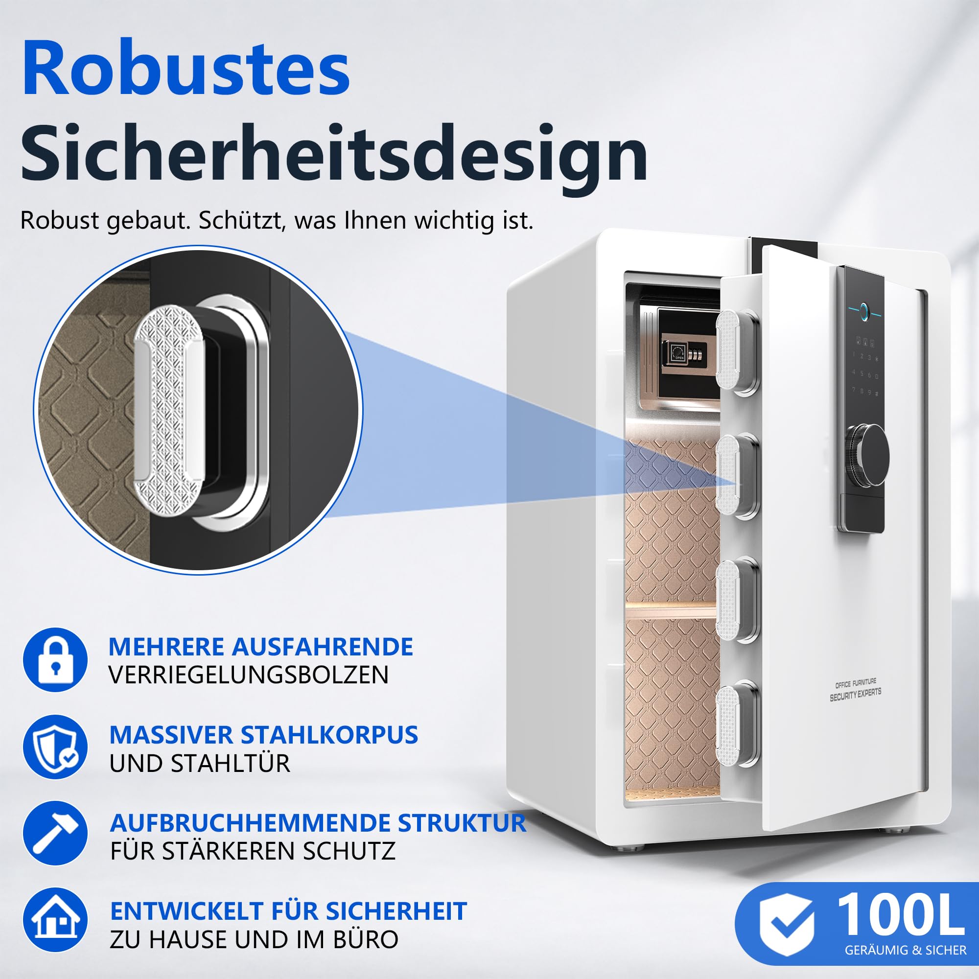 34KG Schwerer Safe Tresor für Zuhause, 100L Großer Stahl Schranktresor mit Zahlenschloss und Fingerabdruck, Alarmanlage, Anti-Theft Möbeltresor für Schmuck, Geld und Wertgegenstände (Weiß, 100L)