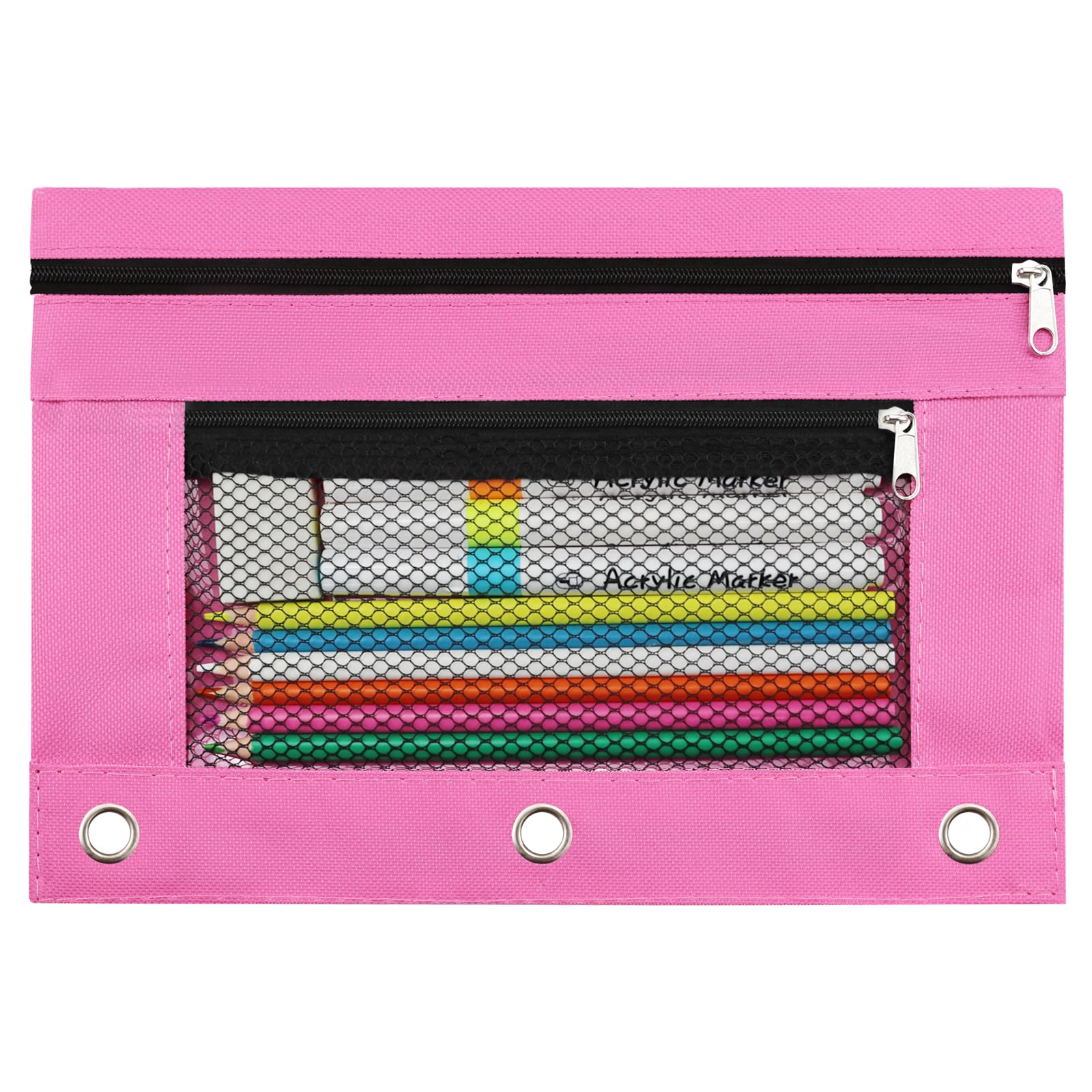 3 Ring Pencil Pouch for Binder, 2-Pocket Zipper Pencil Case with Clear Window &amp; Mesh Pocket, Heavy Duty 600D Oxford Fabric Binder Pouch for School Office Supplies, Fits Standard 3-Ring Binders, Pink