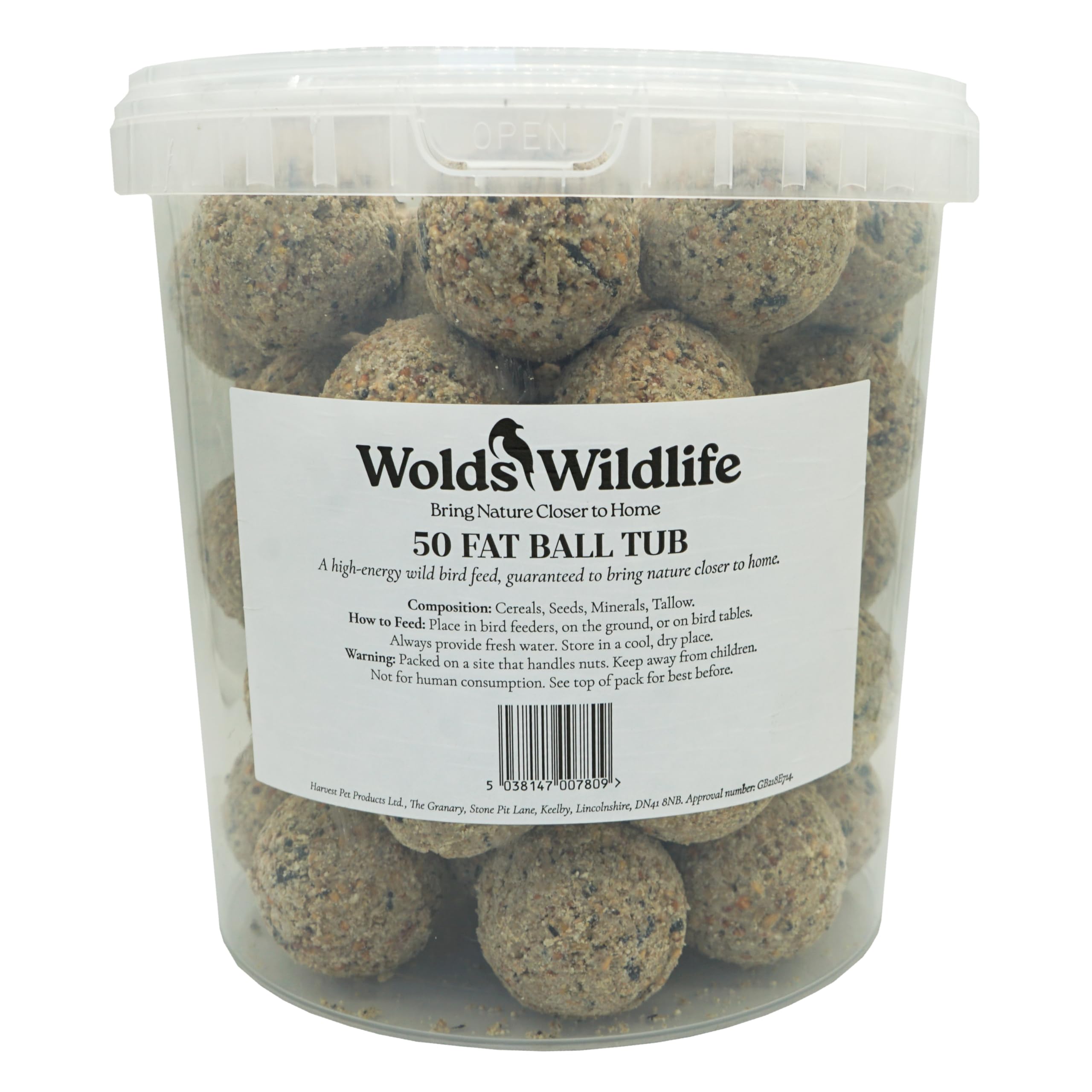 Wolds Wildlife - Premium Suet Fat Balls, 50 x 80g Tub - High-Energy, All-Season Fat Balls for Wild Birds - Enriched with Human-Grade Beef Tallow - High Energy Bird Food with Essential Oils & Protein