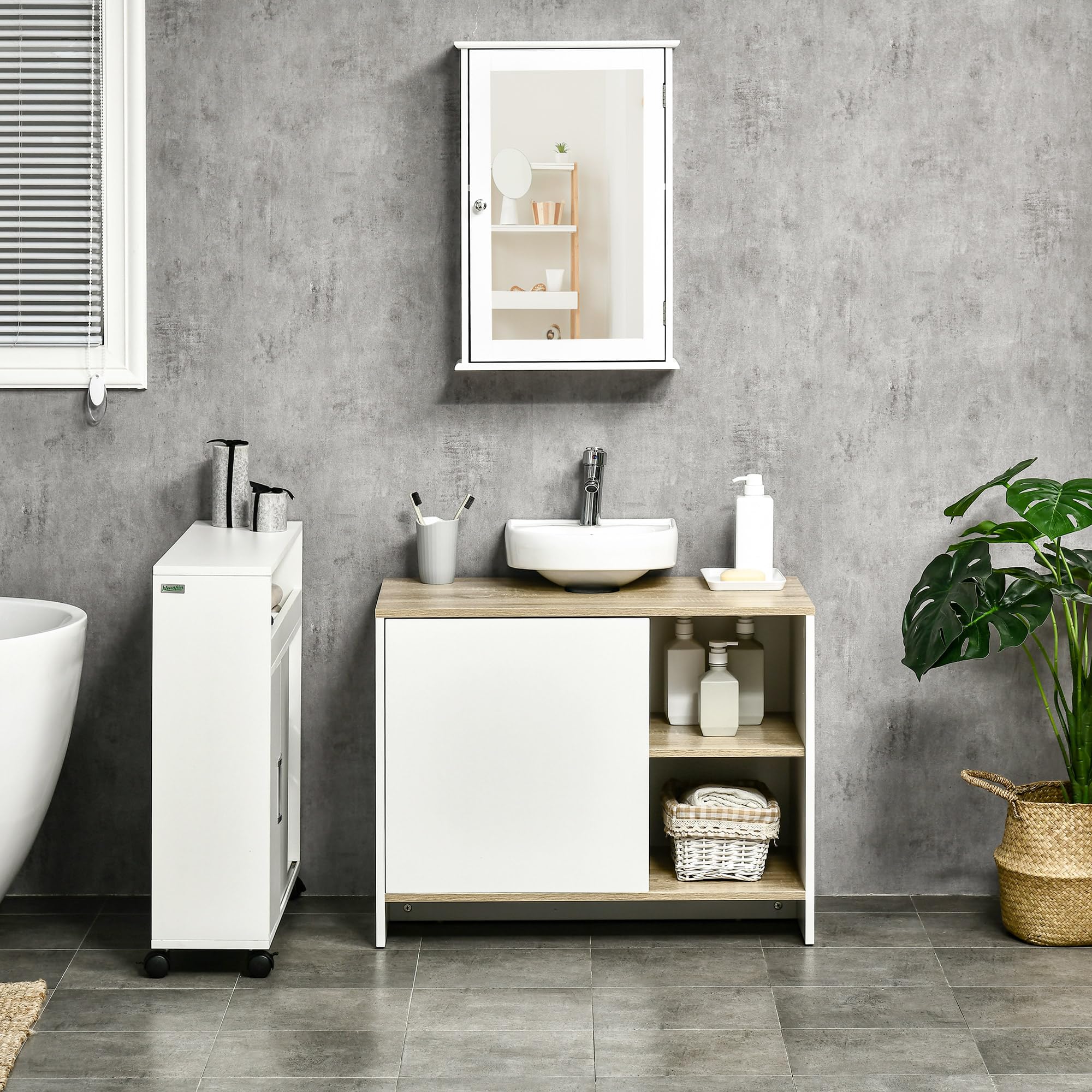 kleankin Mueble Bajo Lavabo Mueble de Baño 77x45x60 cm Blanco y Natural | con Compartimentos y Puerta