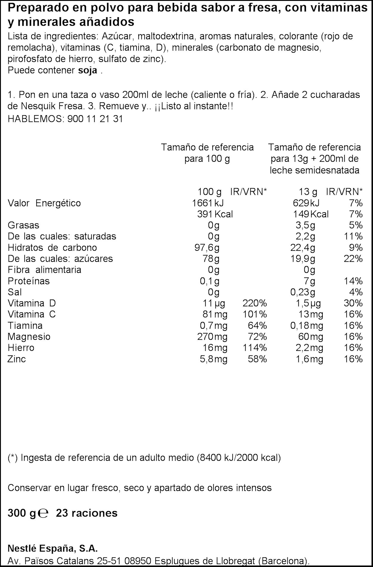 Nestlé - Nesquik Fresa Batido Instantáneo Bote 300 g
