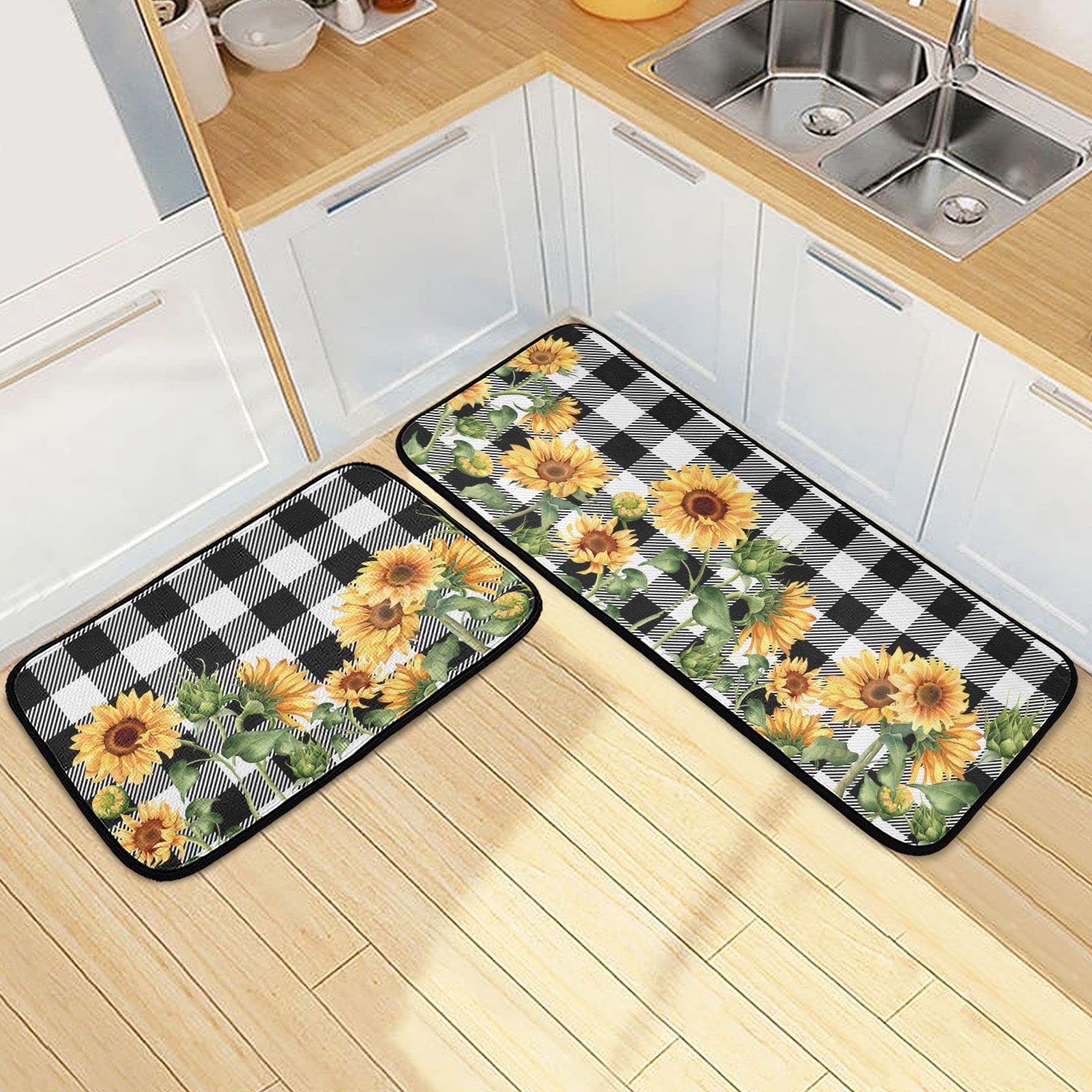 Kitchen Rugs and Mats 2 Pieces Sunflower Black Buffalo Plaid Anti Fatigue Kitchen Rug Set Lavender Flower Non Slip Bath Mat Entry Floor Carpet