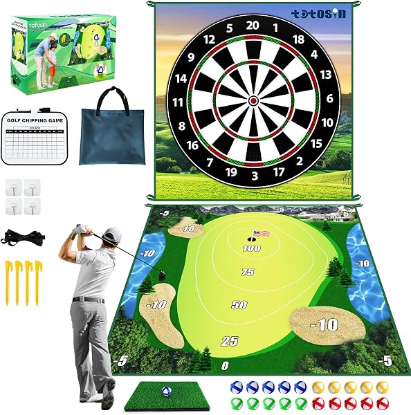 Golf Chipping Game with Hitting Mat, 70x70 Double Sided Golf Practice Mat Kits with 20 Sticky Balls, Indoor Outdoor Golf