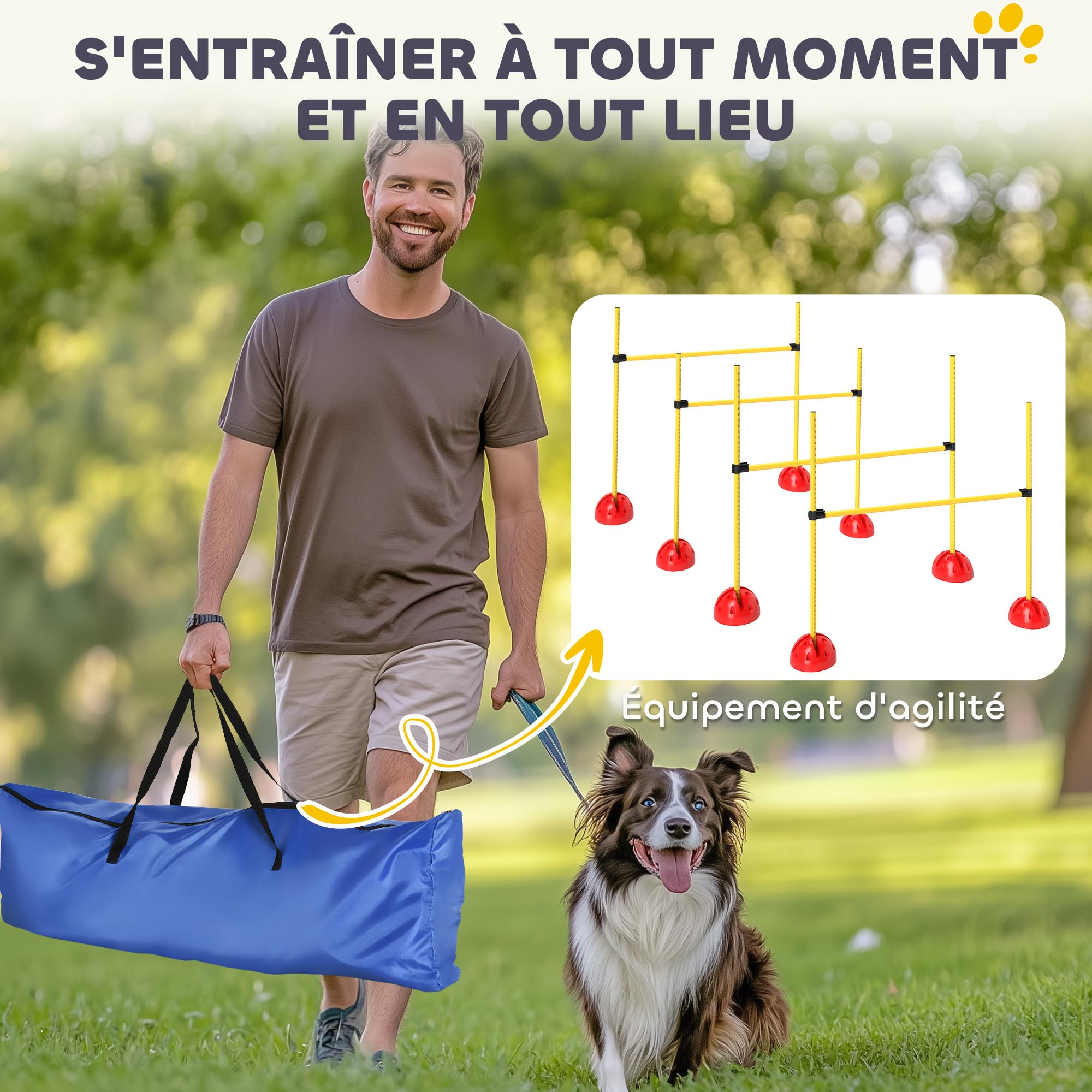 PawHut Kit d'équipement d'agilité pour Chien, kit d'agilité pour Chien avec 4 Haies de Saut réglables en Hauteur, Sac de Transport, Assemblage Facile, Agility à Chien Portable, Jaune et Orange
