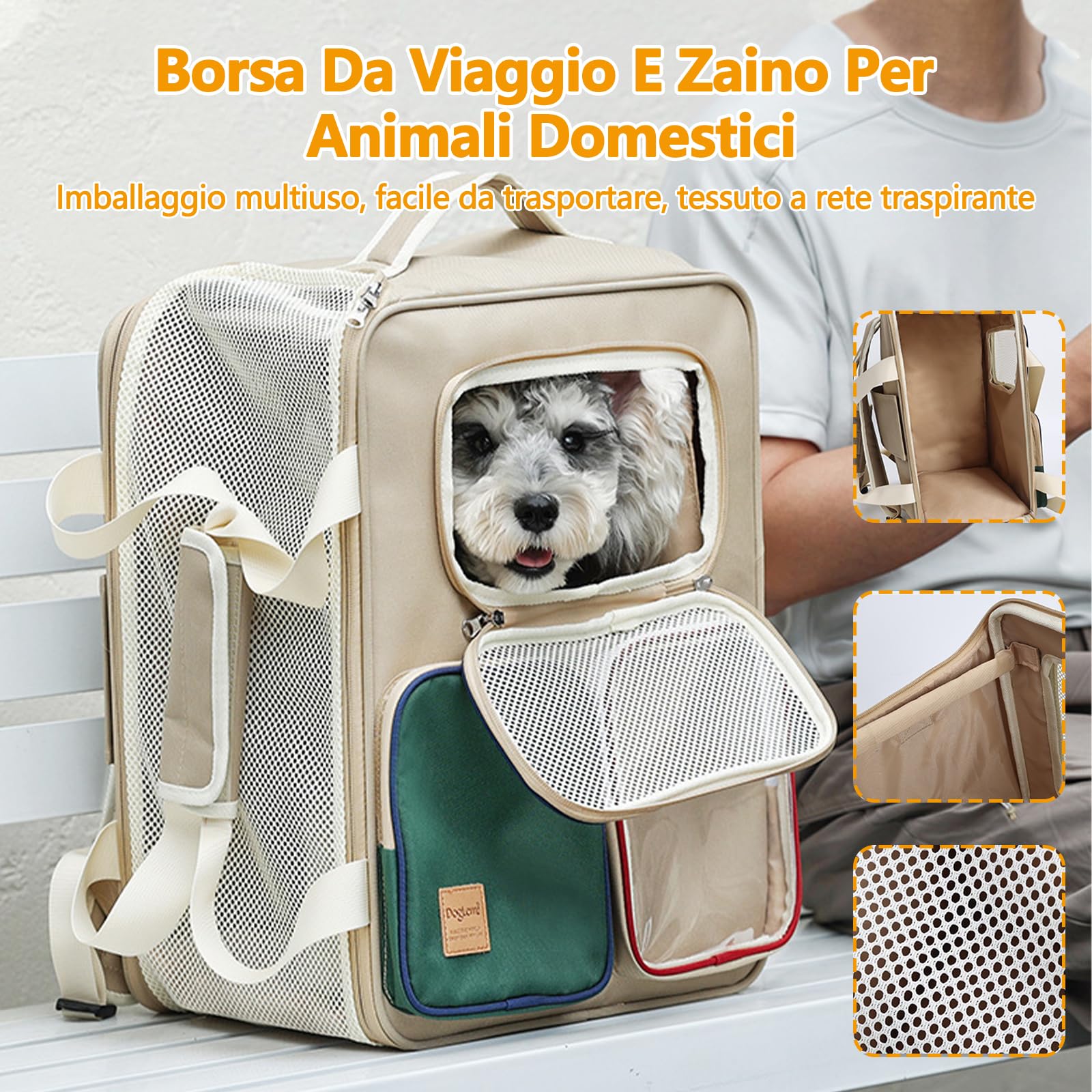 Galatée Zaino Per Animali Domestici, Realizzato In Poliestere Traspirante e Resistente, Uno Zaino Multiuso Con Spallacci e Maniglie(Color Kaki,Con Asta Di Comando)