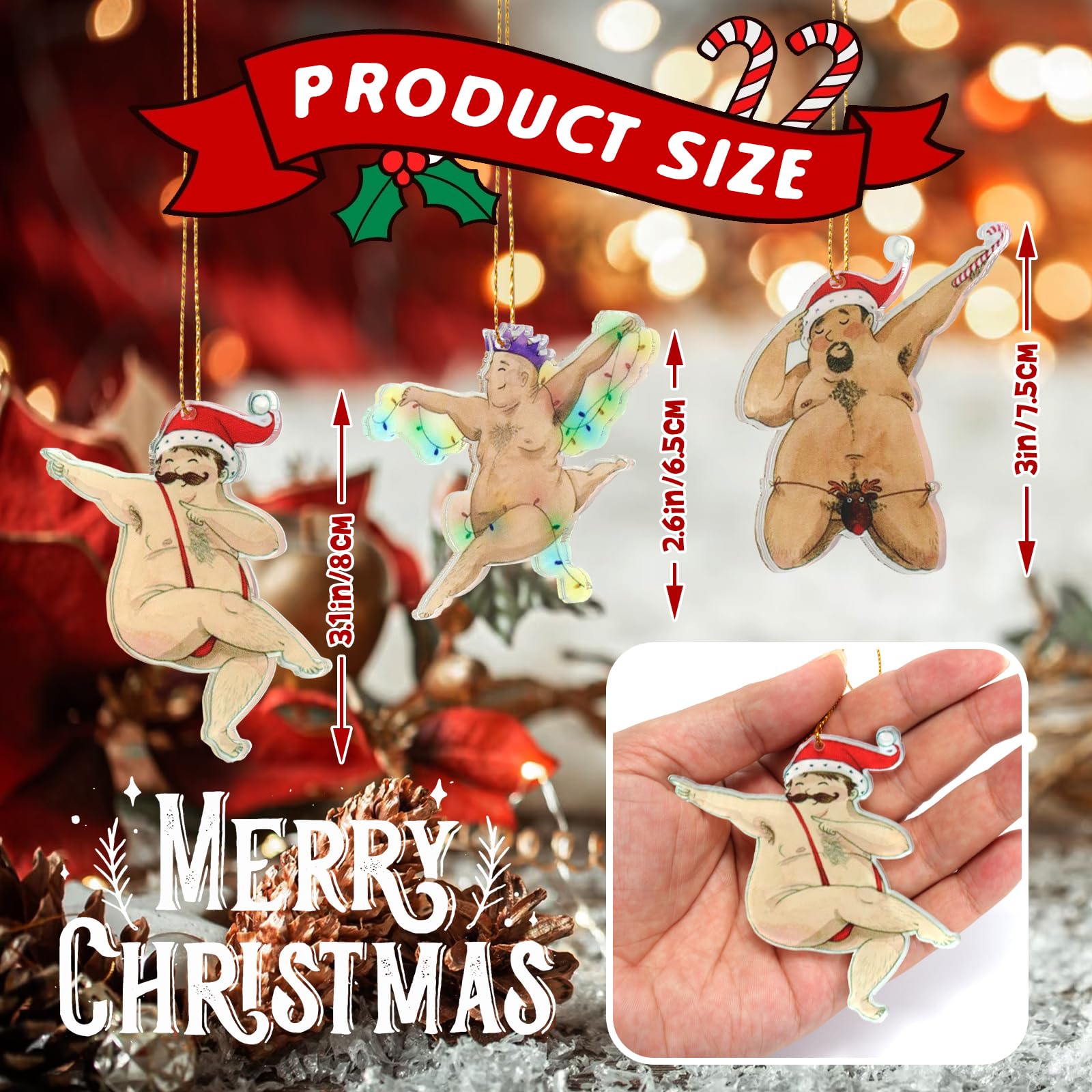 FunisFun Divertidos adornos de Navidad, juego de 3 adornos acrílicos para árbol de Navidad, decoración colgante de Papá Noel sucio, elefante blanco, intercambio de regalos