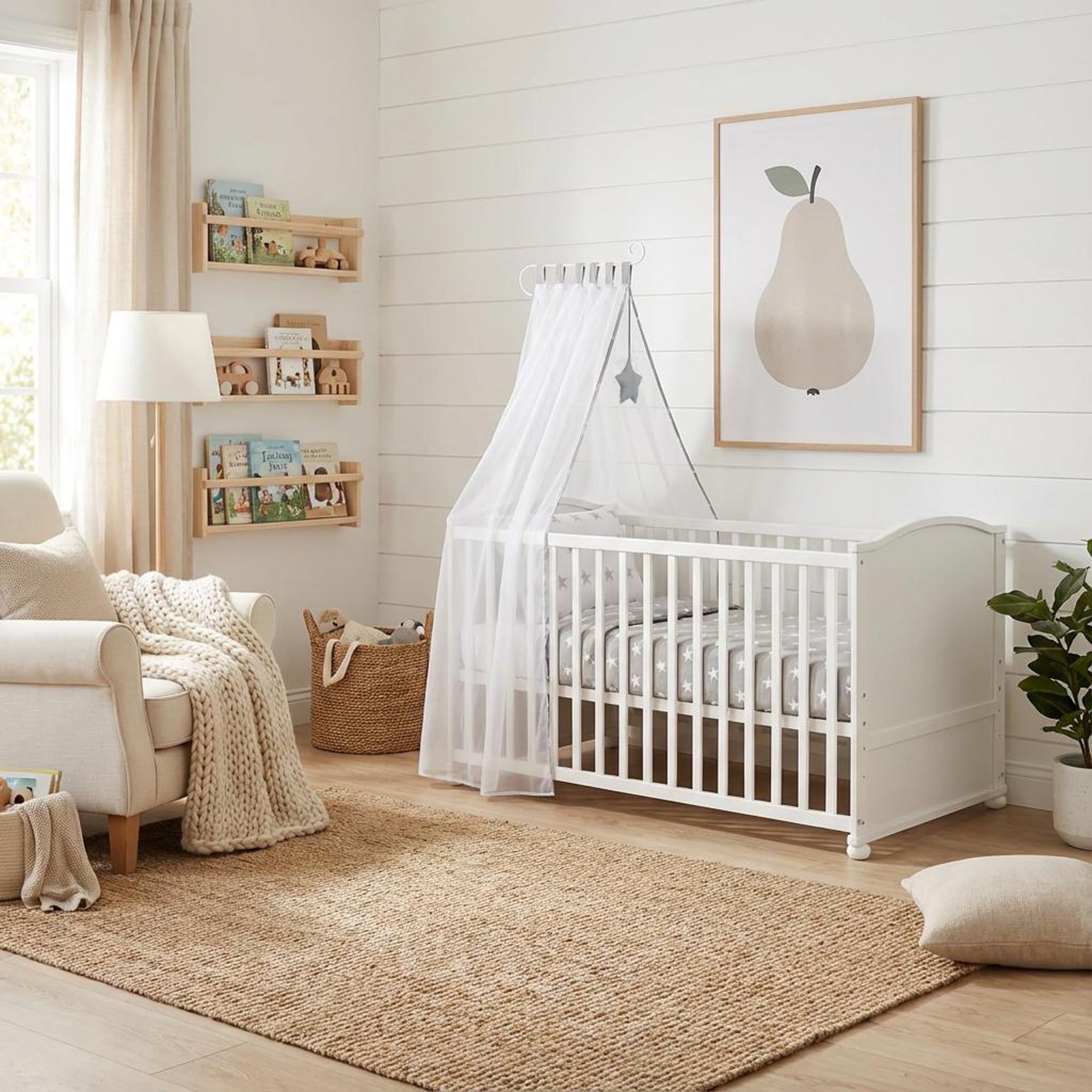 roba Lettino Completo di Set Biancheria Little Stars, 70 x 140 cm, Letto per Bambini con Federa, Copripiumino, Materasso, Baldacchino, Legno Bianco