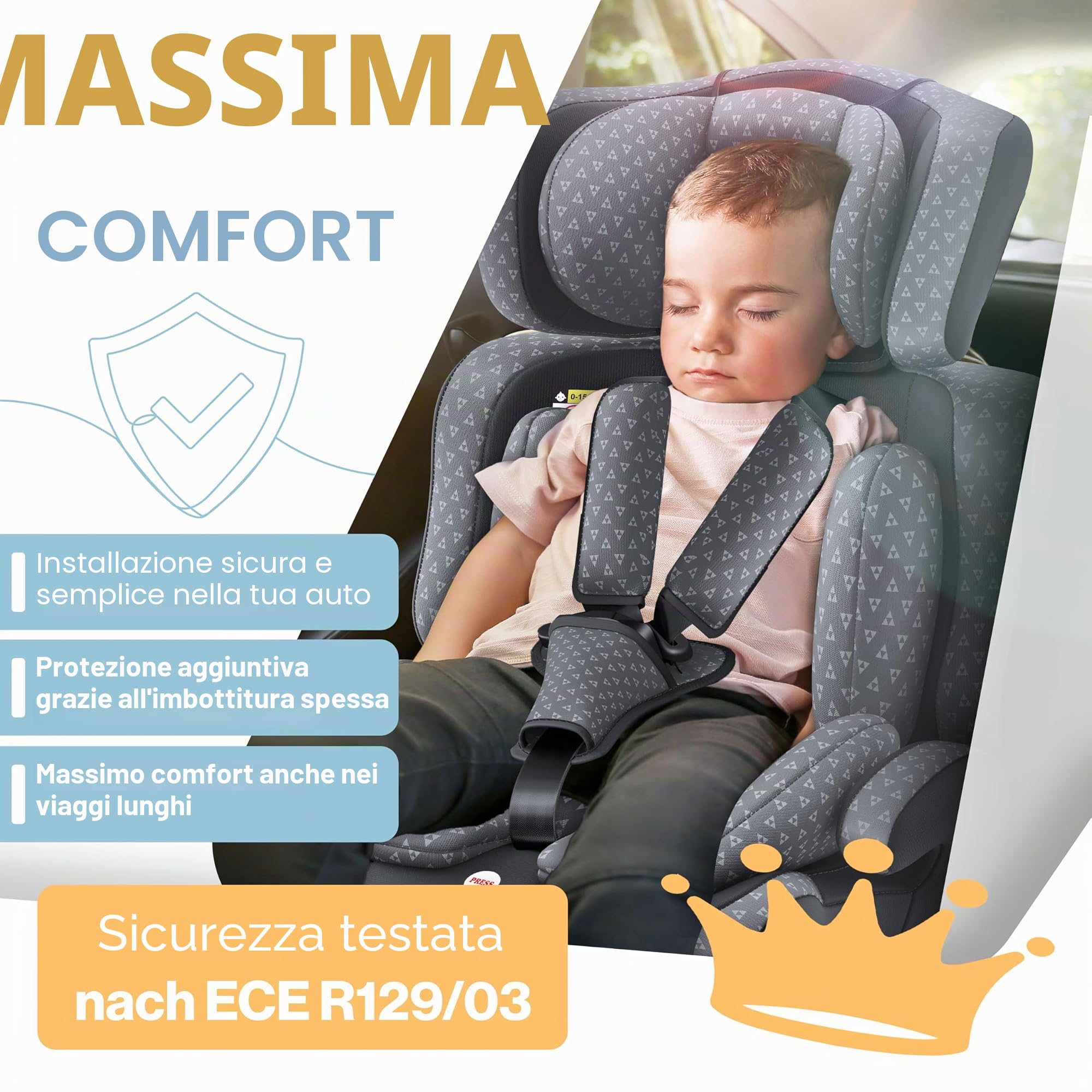 KIDIZ Seggiolino auto Triangle Premium per bambini, seggiolino auto | 9 kg - 36 kg 1-12 anni | gruppo 1/2/3 | universale | omologato secondo ECE R129/03
