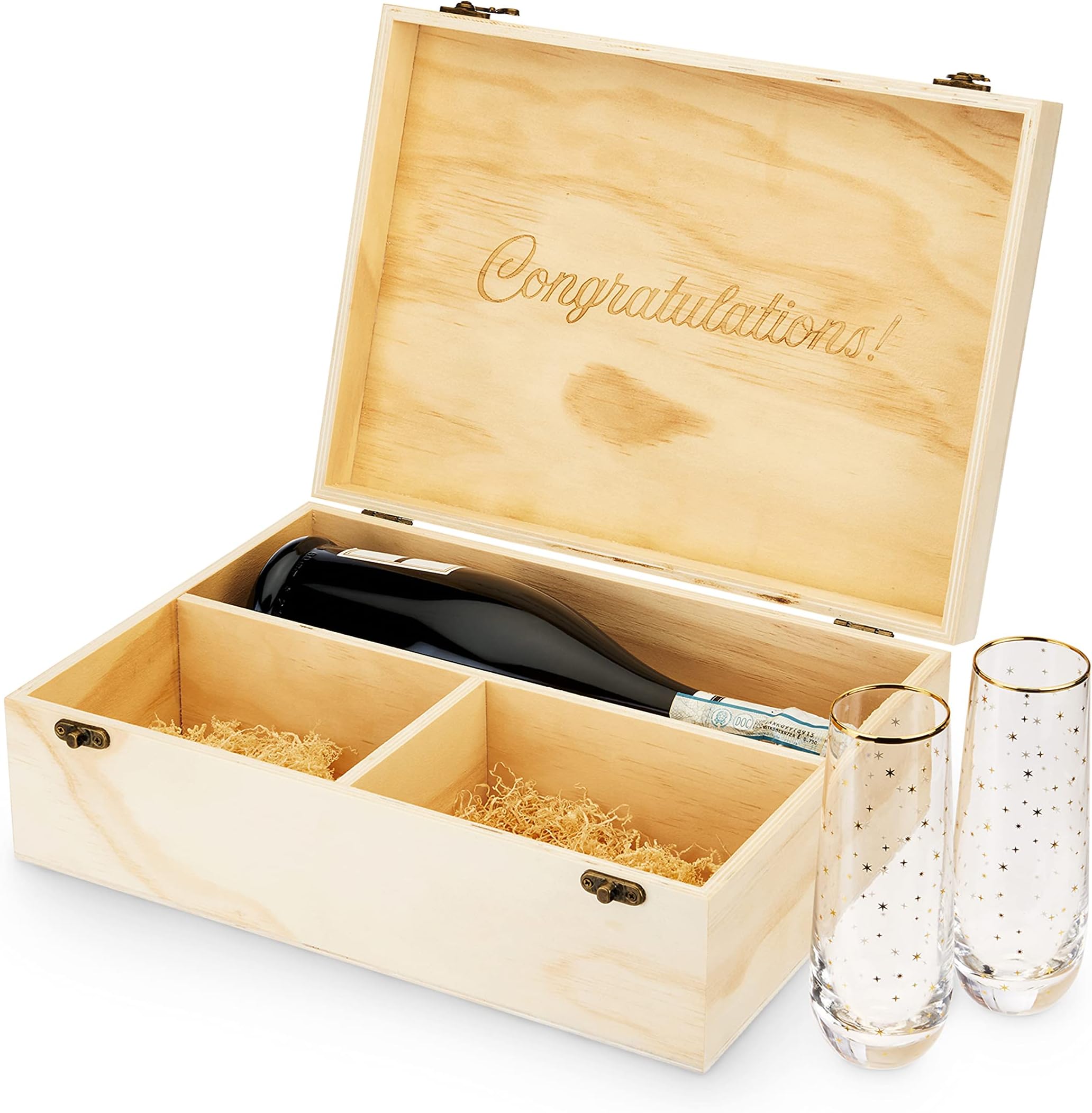Champagne Bottle Gift Box, Wine Box with Lid and 2 Stemless Flutes, Packing Straw, Holds 1 Champagne Bottle, Wood