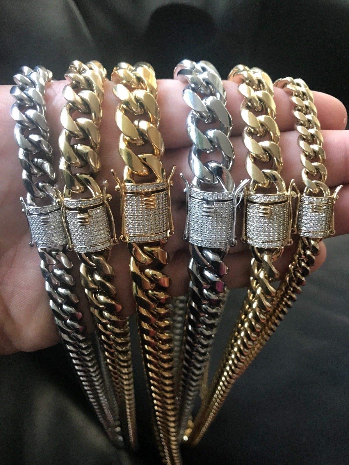 TTDGYYXW Miami-Gliederkette für Herren – Iced-Diamant-Verschluss – Schwere Iced-Herrenkette 18–30 Zoll – 14-karätiges 18-karätiges Gelbgold über Edelstahl
