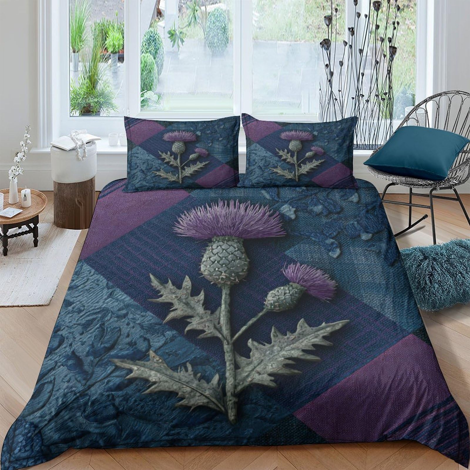 Ctjqhvkz Style-10 3D Printed Thistle Botanical Fitted Sheet Microfiber Dark Blue Purple Decor Mattress Cover For Bedroom Guest Room Single（135X200cm）