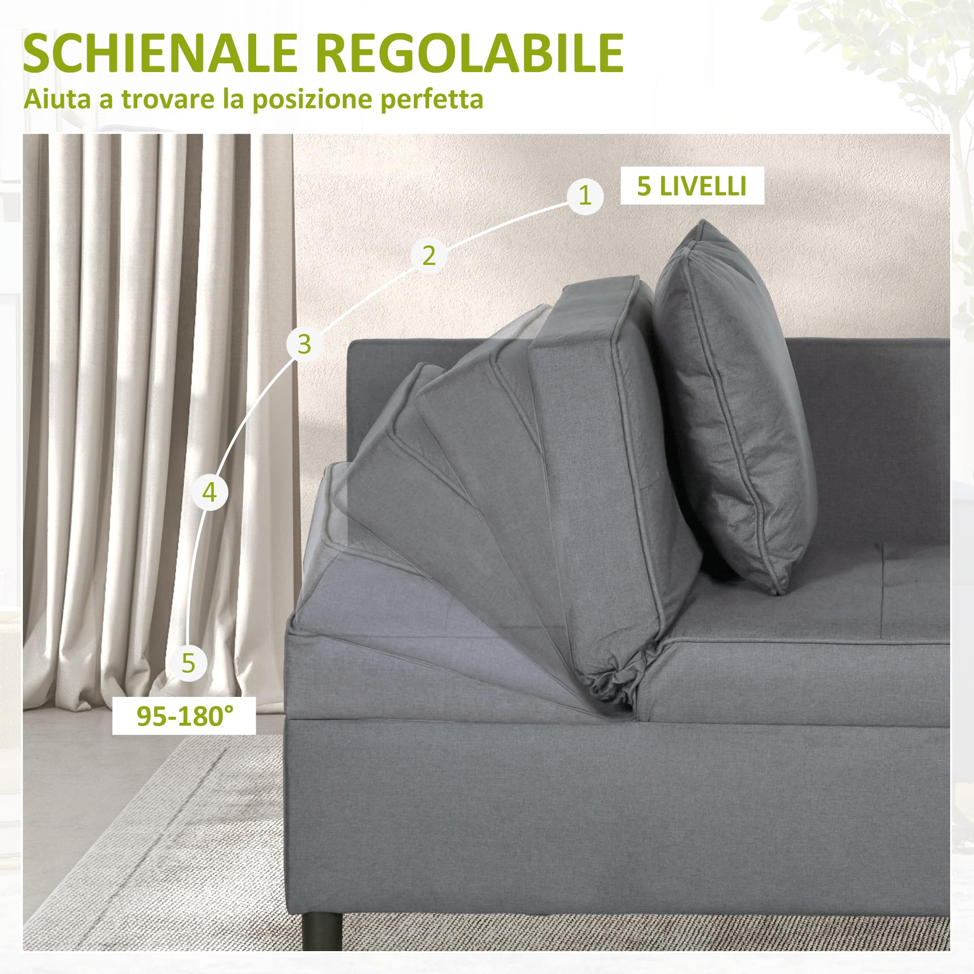 HOMCOM 3 in 1 Poltrona Letto Imbottita Reclinabile 98x71x67 cm Grigio Scuro | Schienale in 5 Posizioni, Cuscini, Divano Letto Una Piazza e Mezza, Tessuto Effetto Lino e Legno, per Soggiorno