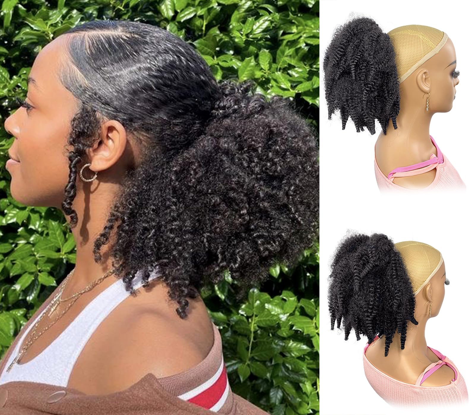 Short Marley Hair Drawstring Ponytail Black Afro Puff Bun for Black Women 12inch short Marley Hair Drawstring Ponytail Black 4C Afro  main image 3