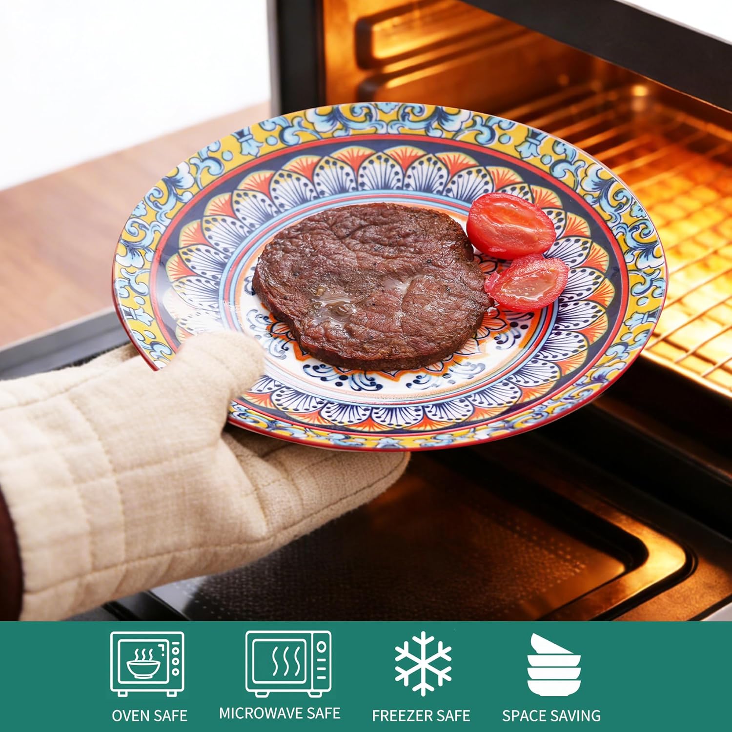 12-Piece Bohemian Style Porcelain Dinnerware Set - 8.5 Inch / 10.5 Inch Plates & 6 Inch Bowls, Dinnerware Set for 4, Microwave and Dishwasher Safe, Scratch and Wear Resistant, Kitchen Tableware