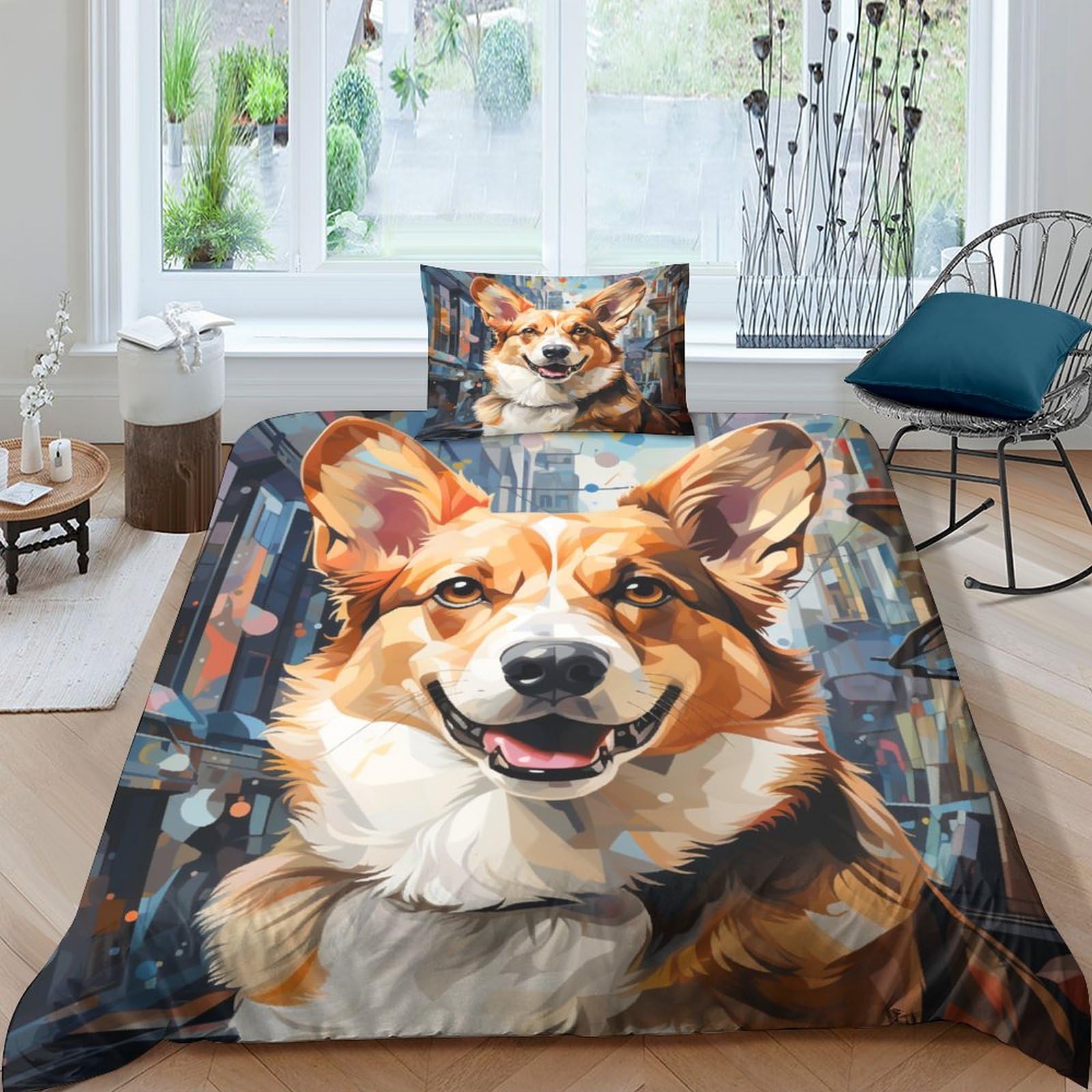 Housse de couette corgi urbain avec fermeture 3 pièces pour lit