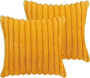 18x18 Throw Pillow Covers Set of 2, Decorative Faux Fur Covers for Bed, Couch Soft Fluffy Pillow Cover with Velvet Back for Living Room, Neutral Home Décor Accent for Sofa - Yolk Yellow