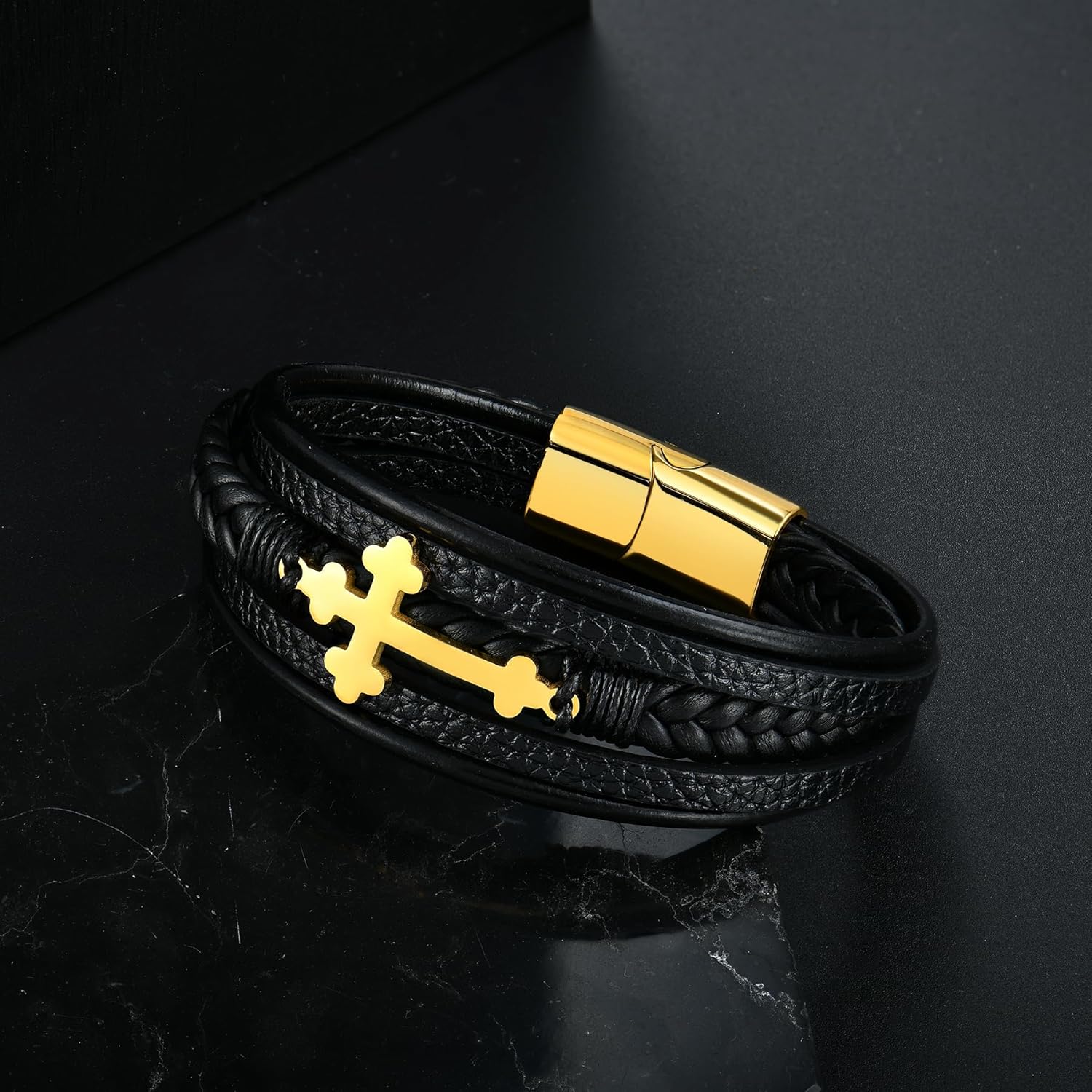 Mens Leather Cross Bracelet Multi-Layer Braided Faith Bracelet Religious Wristband Father's Day Birthday Jewelry Gifts for Men 8.5" Stainless Steel Buckle Bangle - Image 7