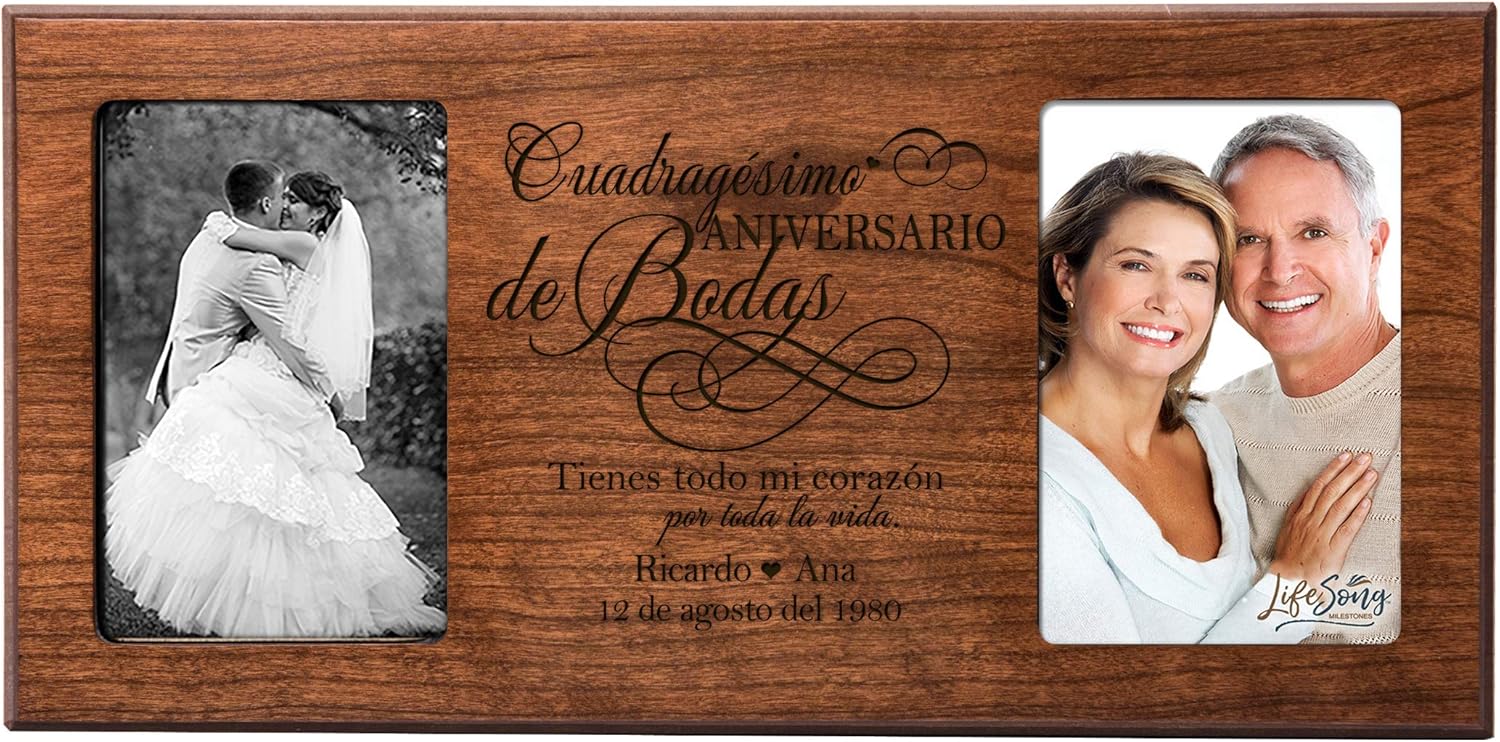 LifeSong Milestones Personalized 40th Anniversary Picture Frame Marriage Keepsake Gift with Spanish Verse - Forty Years Wedding Gift for Parents Husband Wife Him Her Holds 2-4x6 Photo (Maple)