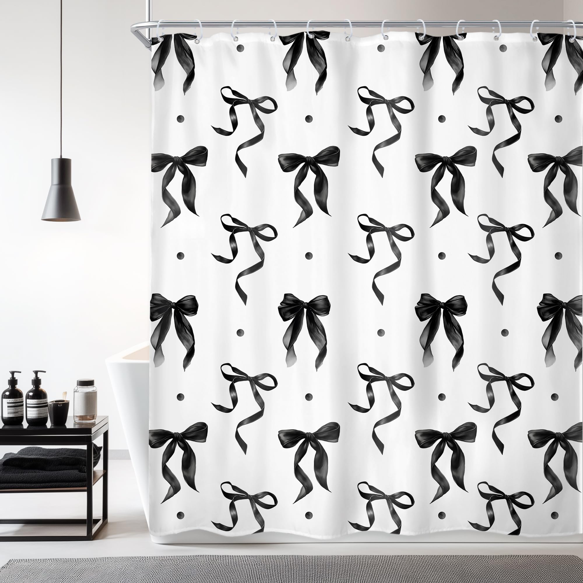 Newsely Black White Bow Shower Curtain 72Wx72L Inch Coquette Bownot Cute Girly Modern Retro Vintage Black Bathroom Accessories Set Teen Girls Women
