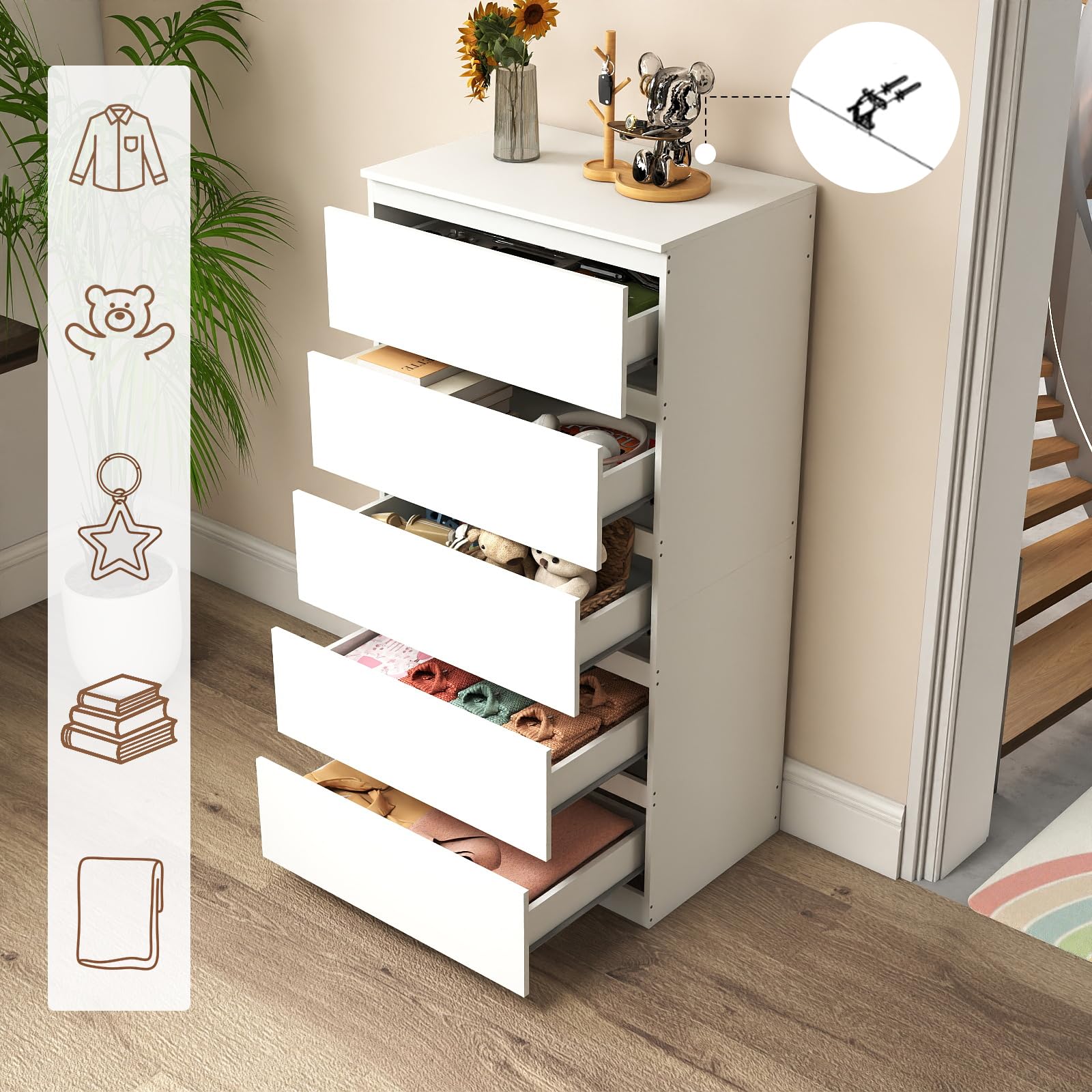 Cajonera, Ancho 60 cm, Armario con 5 Cajones, Muebles Dormitorio, Ideal para Salón, Dormitorio, Habitación Infantil, Despacho, Blanco, 60 cm × 40 cm × 120 cm