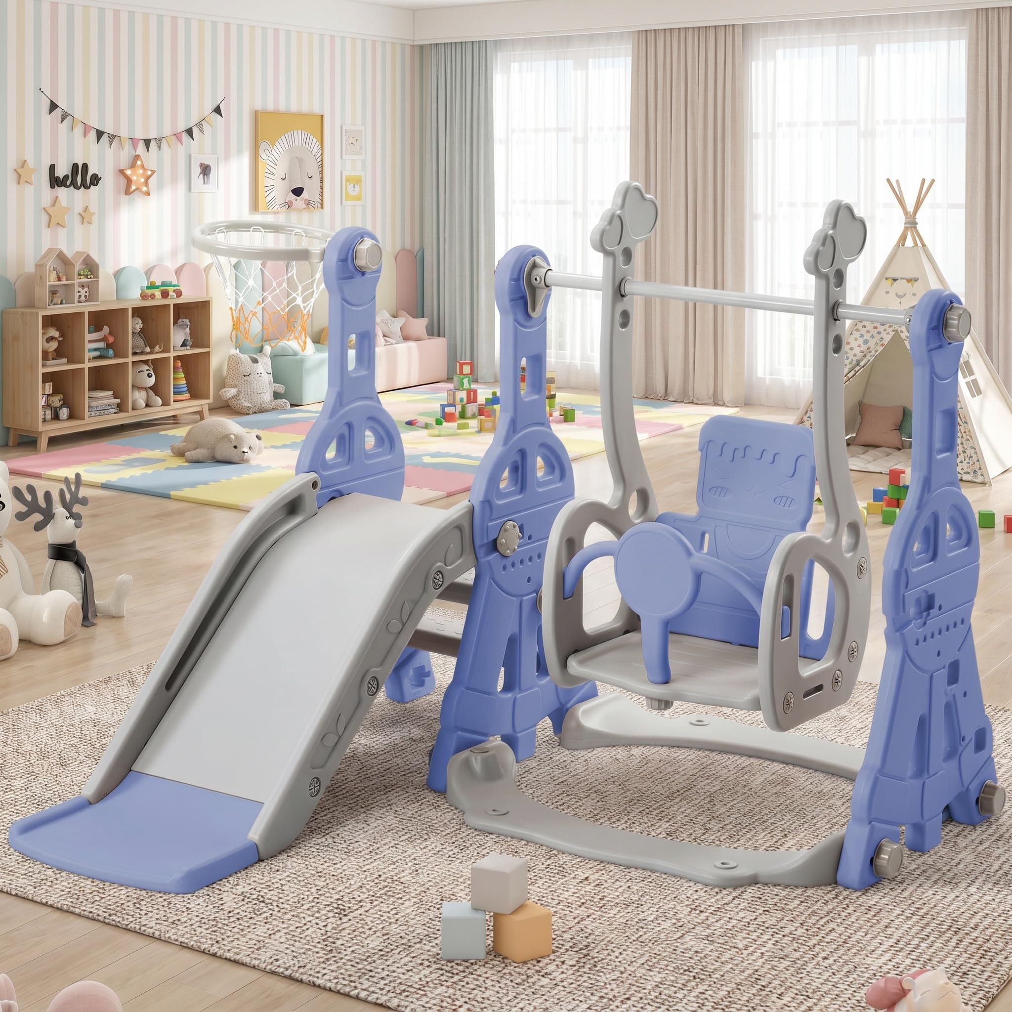 Toboga para niños 4 en 1, Toboga para bebés con cesta de baloncesto, azul | marco de escalada para jardín, telescopios, túneles, espacio de almacenamiento, área de juego interior y exterior
