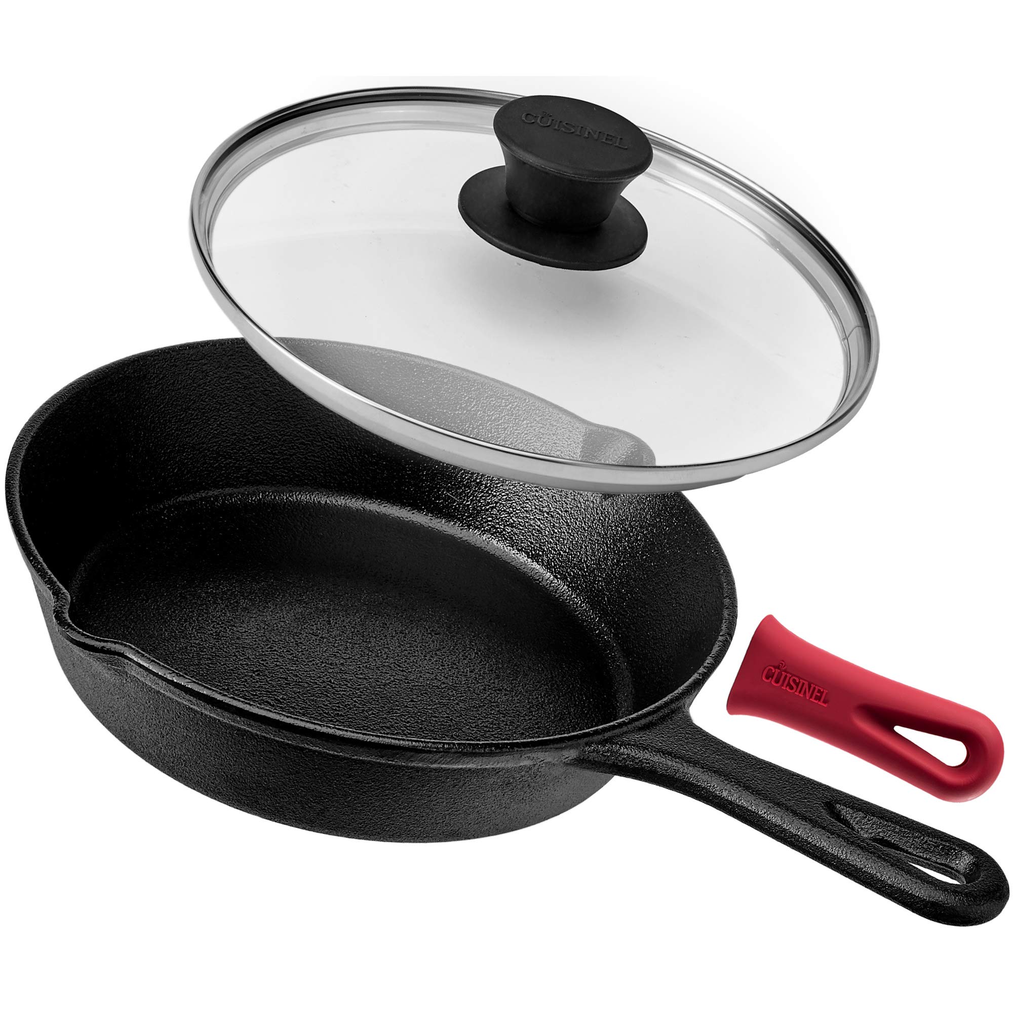 Cuisinel Cast Iron Skillet with Lid 8"Inch Frying Pan + Glass Cover